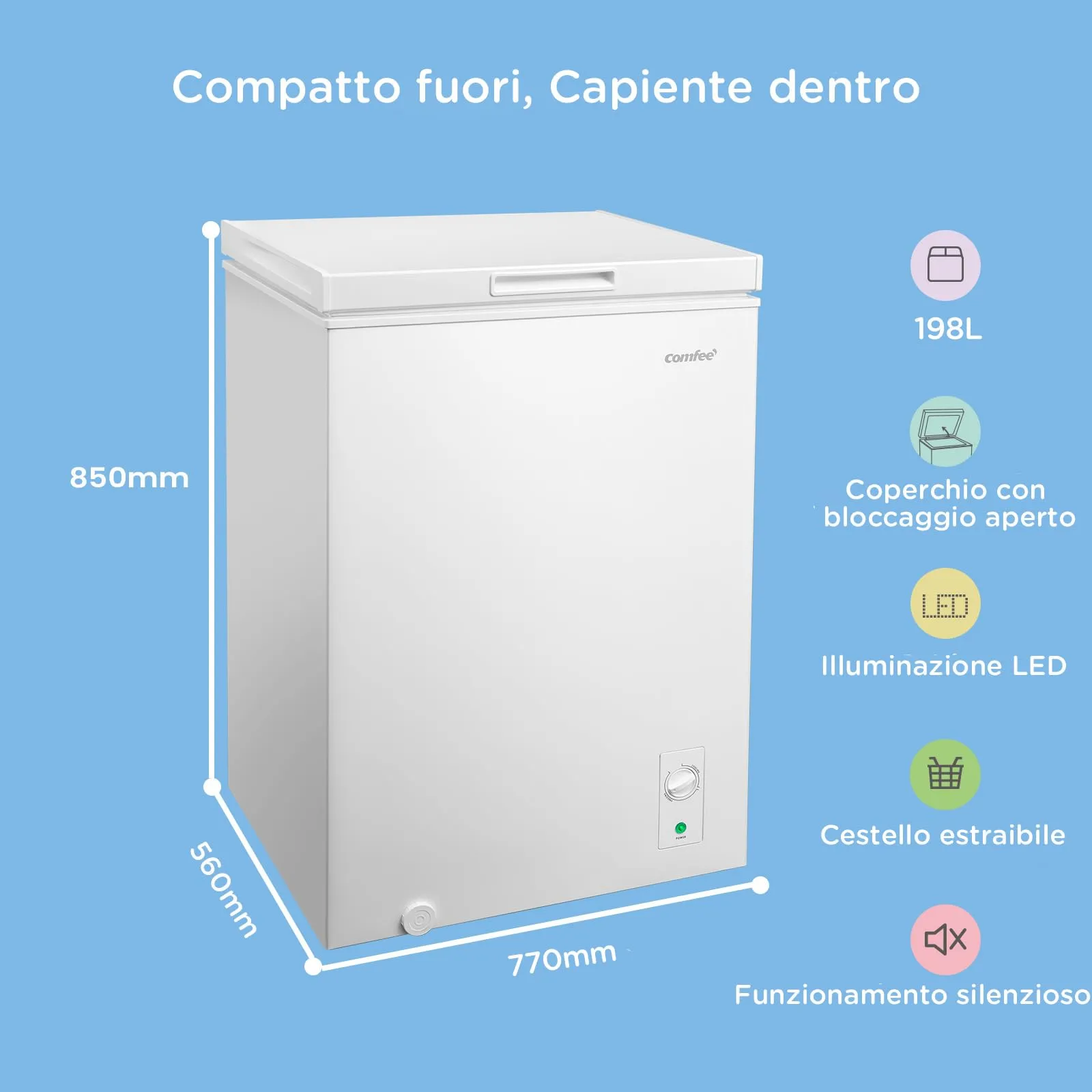 COMFEE' Congelatore a Pozzetto 2 in 1 198L RCC202WH2EU(E), Bianco - immagine 3