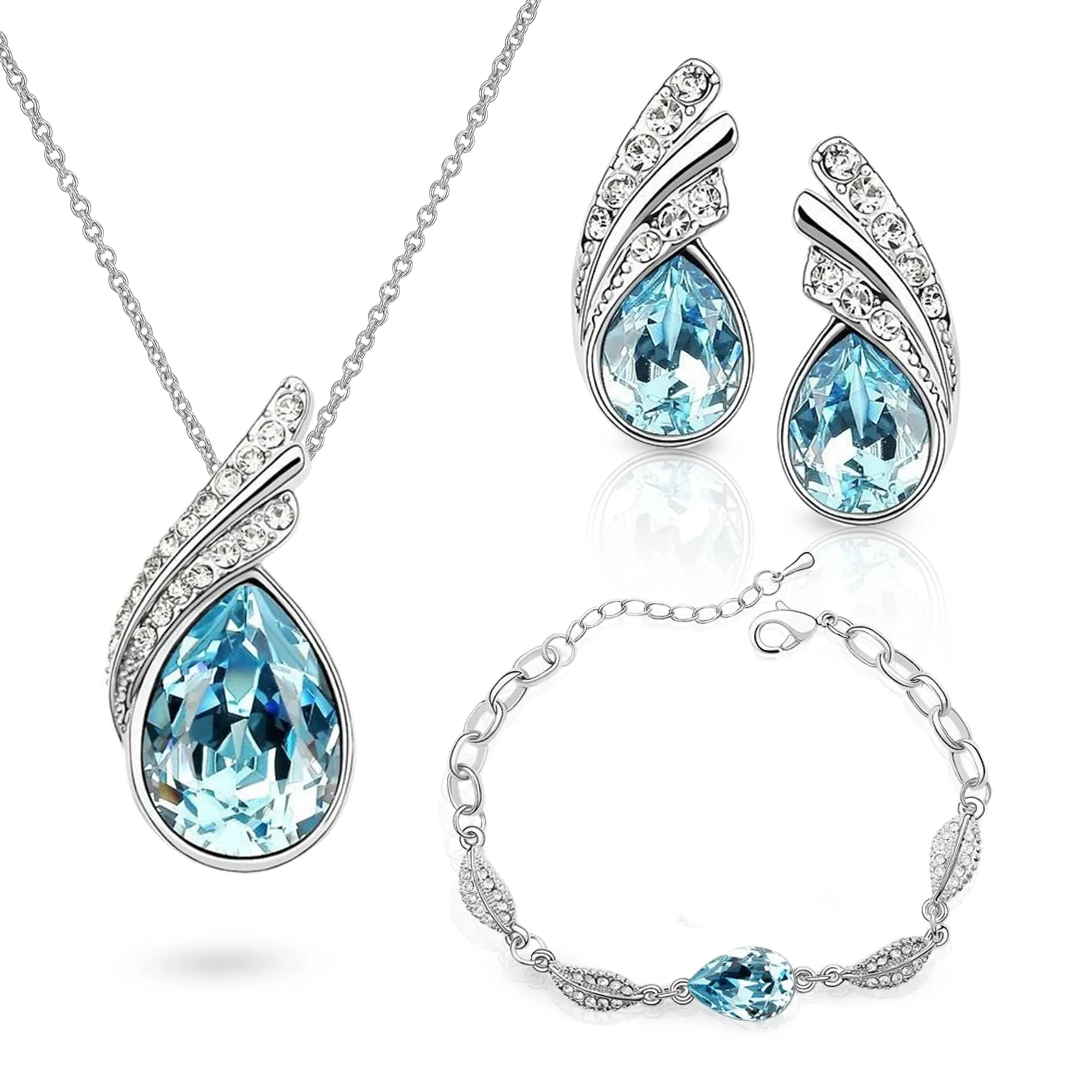 Crystalline Azuria Donna Parure Collana Orecchini Bracciale 18ct Placcato Oro Bianco Cristalli Blu Acquamarina simulato - immagine 1