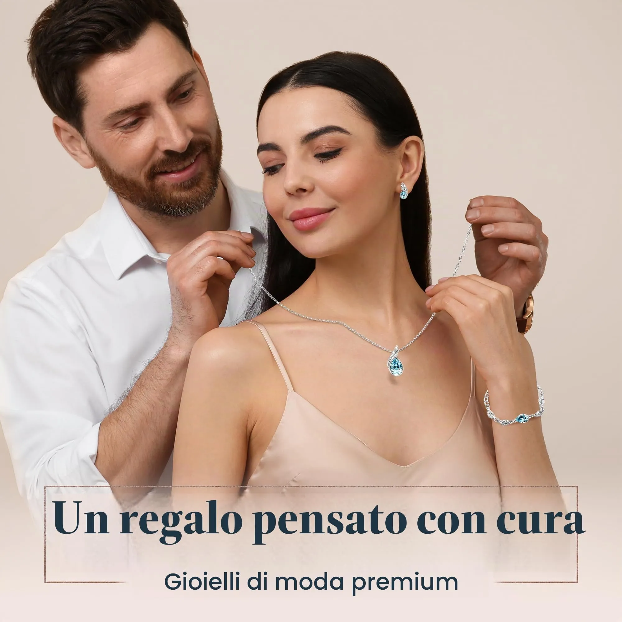 Crystalline Azuria Donna Parure Collana Orecchini Bracciale 18ct Placcato Oro Bianco Cristalli Blu Acquamarina simulato - immagine 7