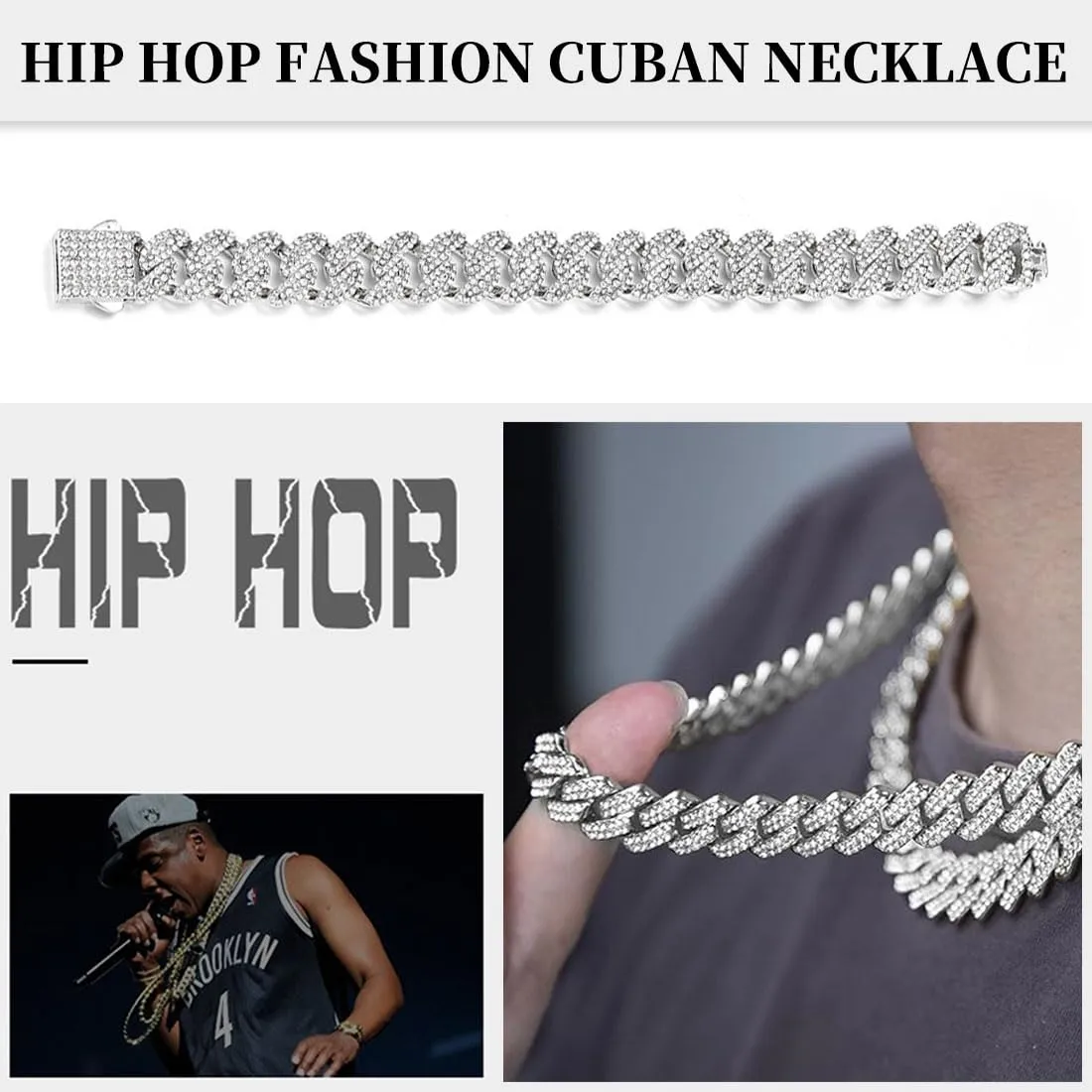 ZXUSHE Collana Catena Cubana Rap Hip Hop Argento, 50 cm, 12 mm - immagine 4