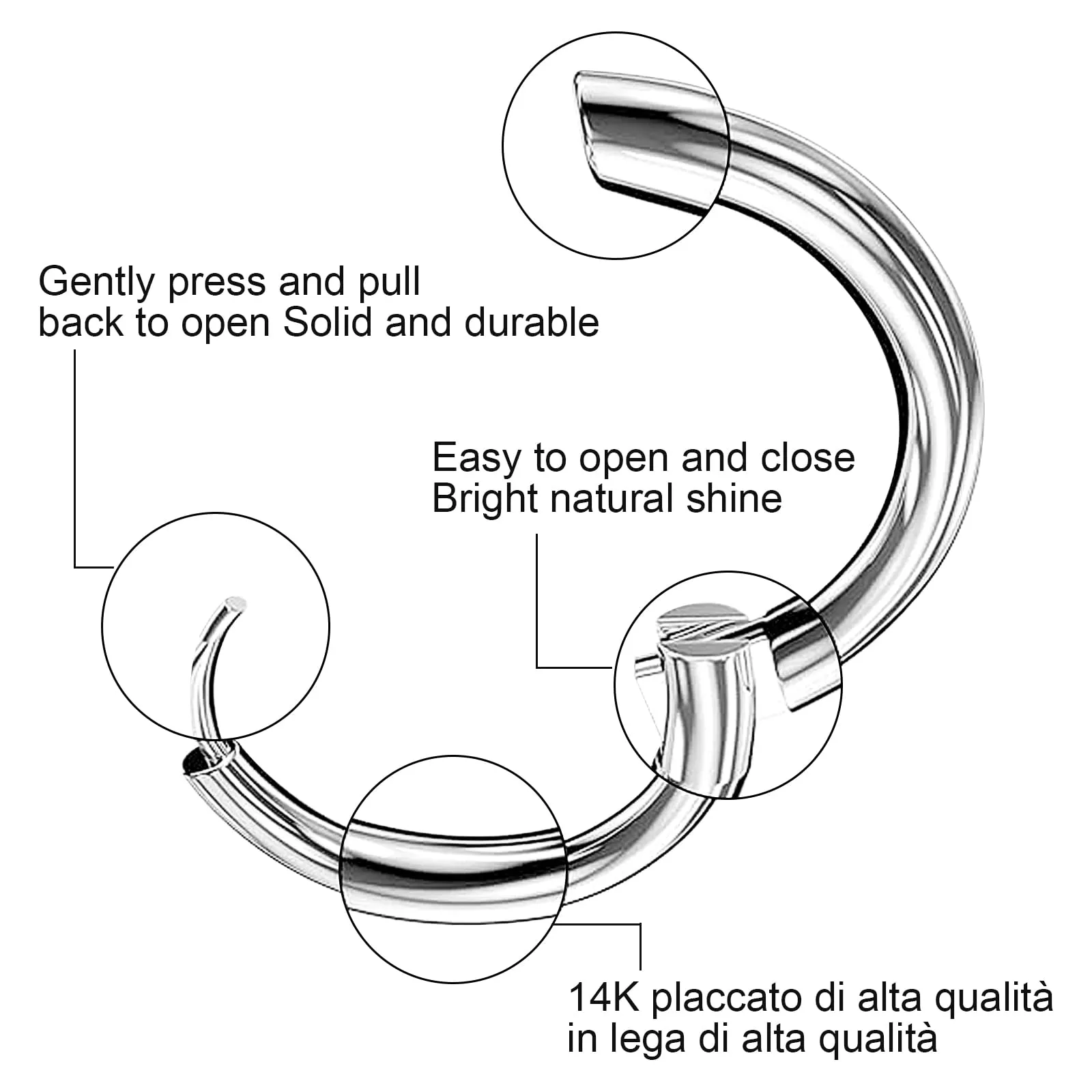 NHDDGR 8 Paia di Orecchini a Cerchio in Acciaio Inossidabile 316L, Argento, 6-20mm - immagine 3