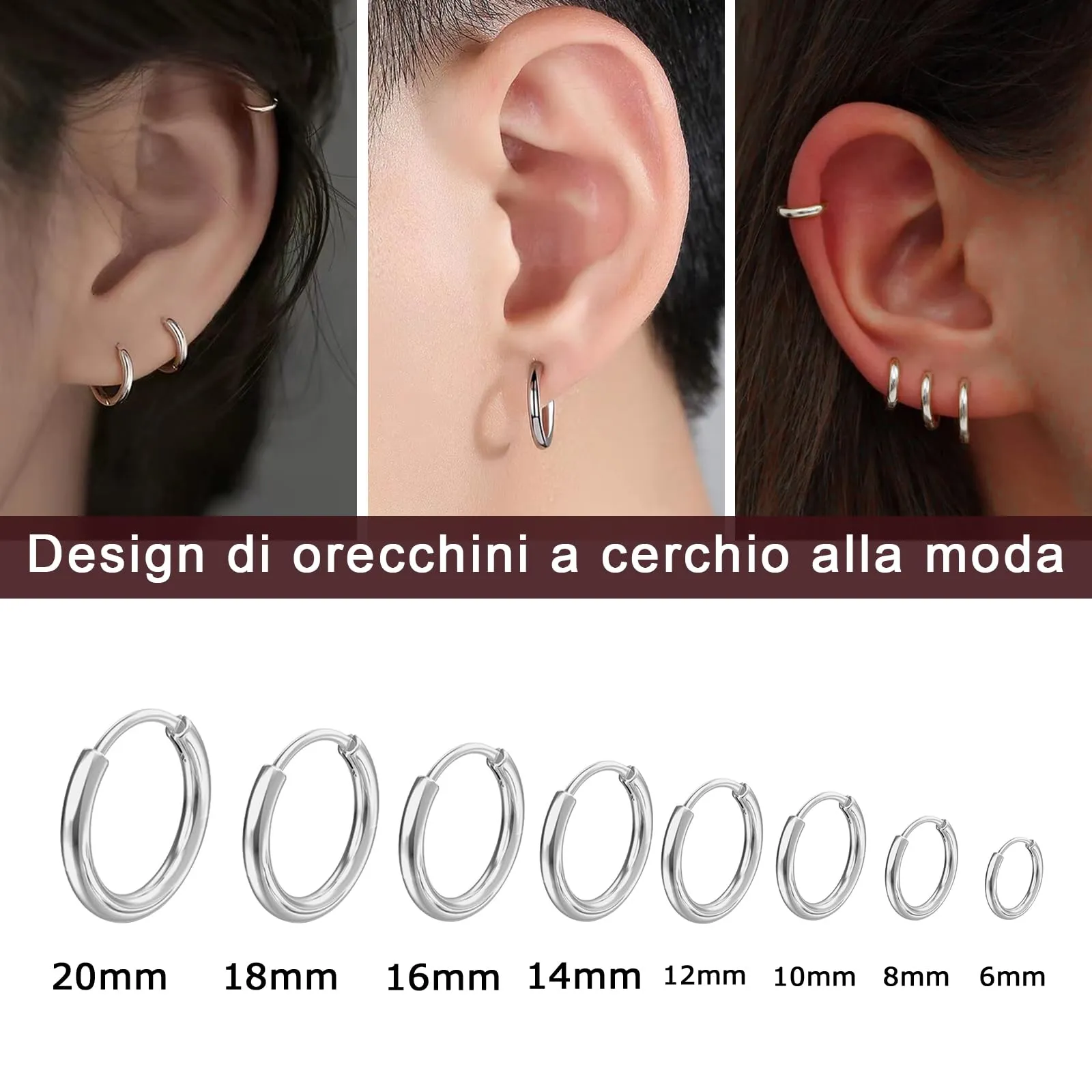 NHDDGR 8 Paia di Orecchini a Cerchio in Acciaio Inossidabile 316L, Argento, 6-20mm - immagine 4