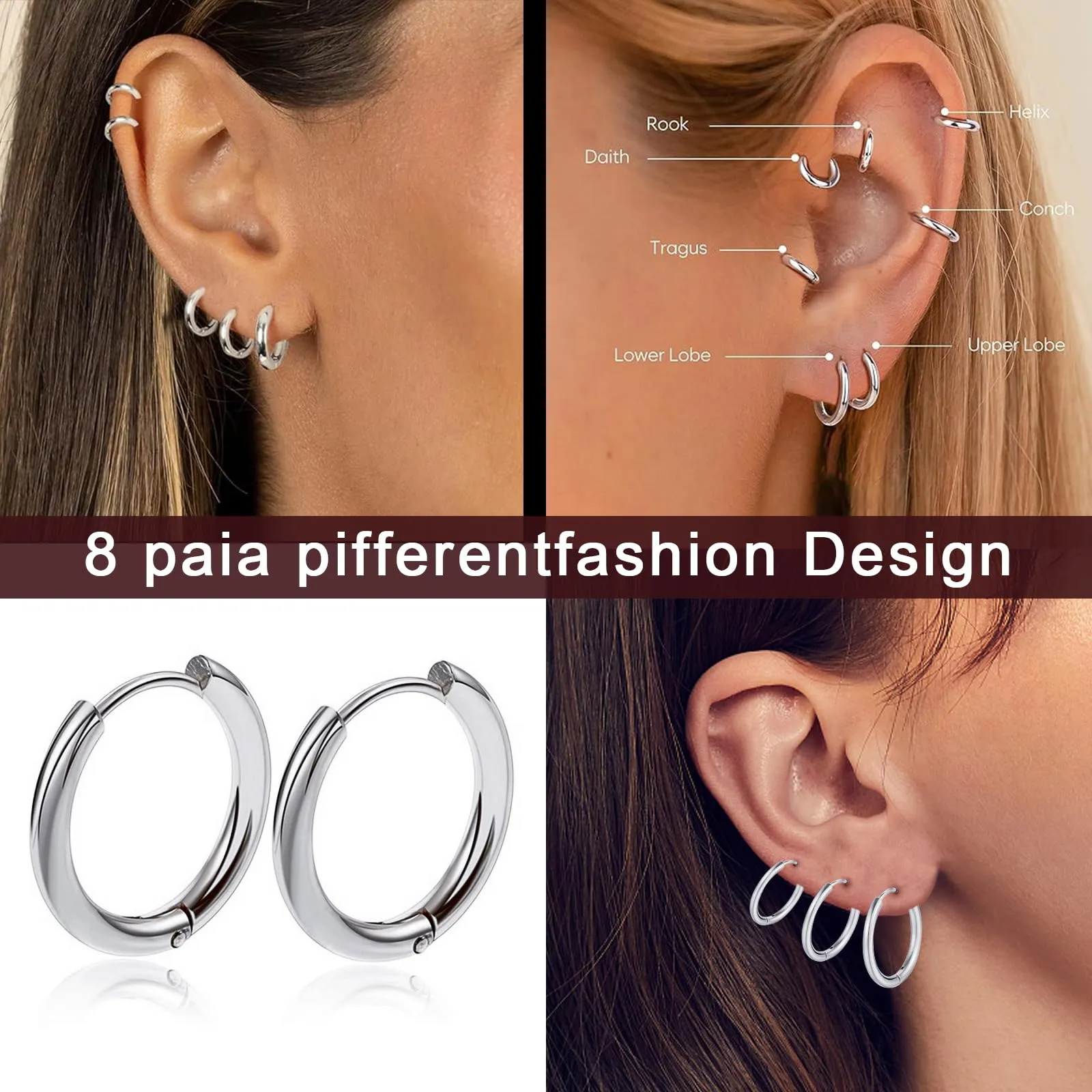 NHDDGR 8 Paia di Orecchini a Cerchio in Acciaio Inossidabile 316L, Argento, 6-20mm - immagine 5