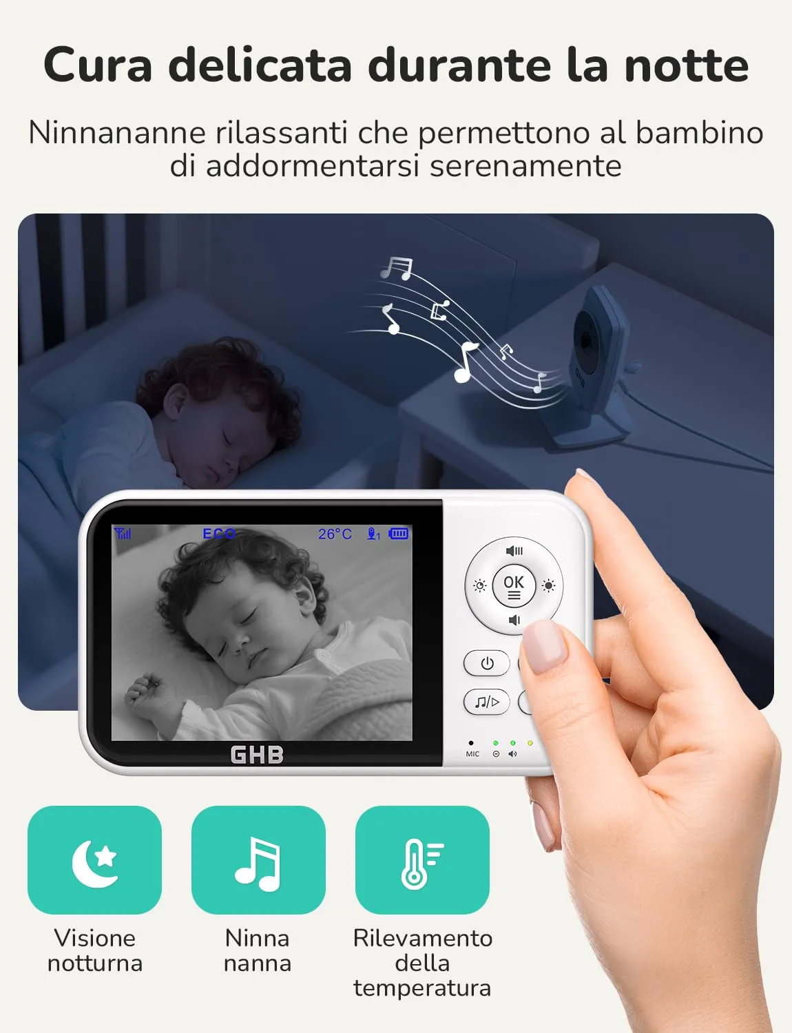 GHB Baby Monitor Video e Audio 3.2'', 2100mAh con Telecamera, Bianco, MC632B - immagine 2