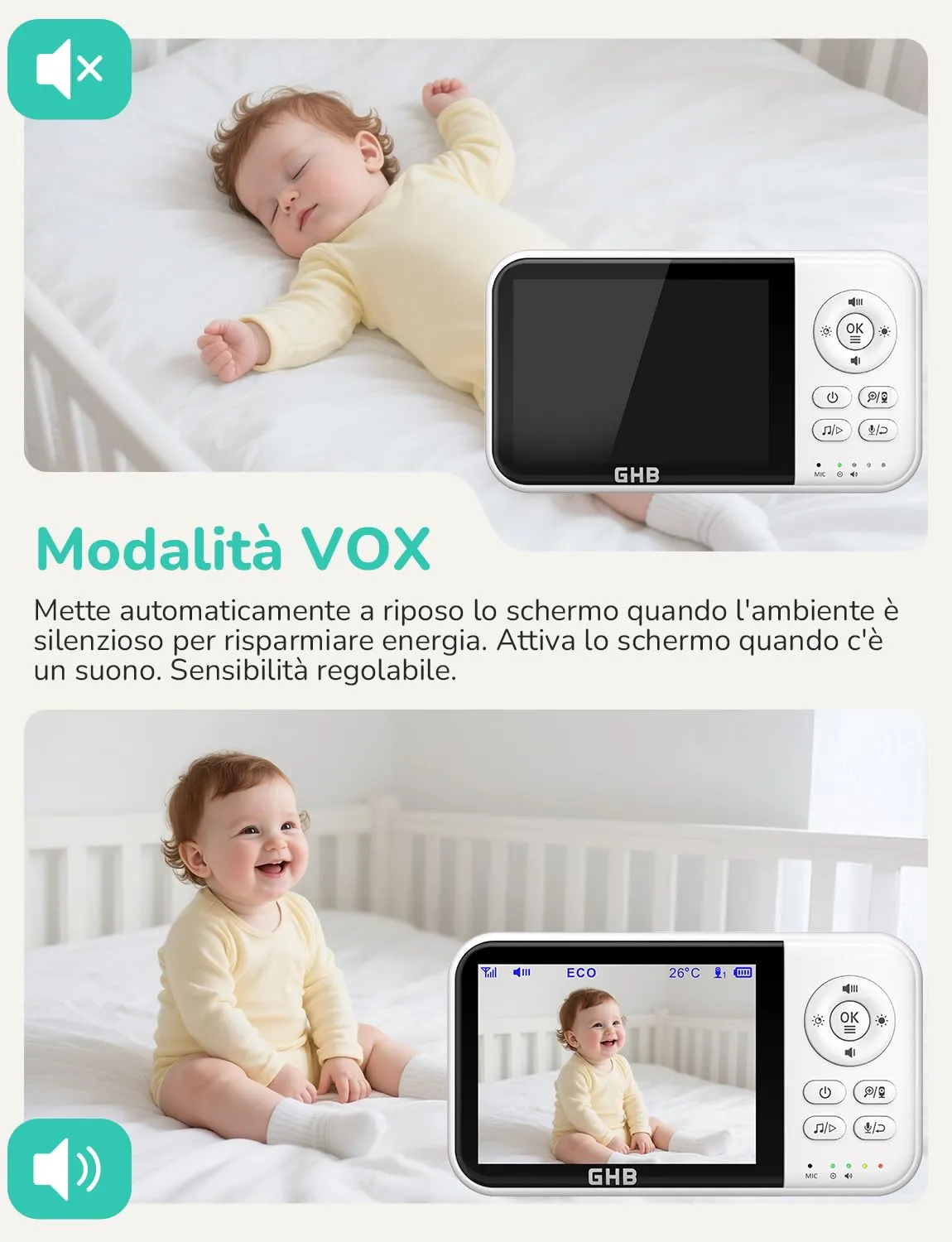 GHB Baby Monitor Video e Audio 3.2'', 2100mAh con Telecamera, Bianco, MC632B - immagine 3
