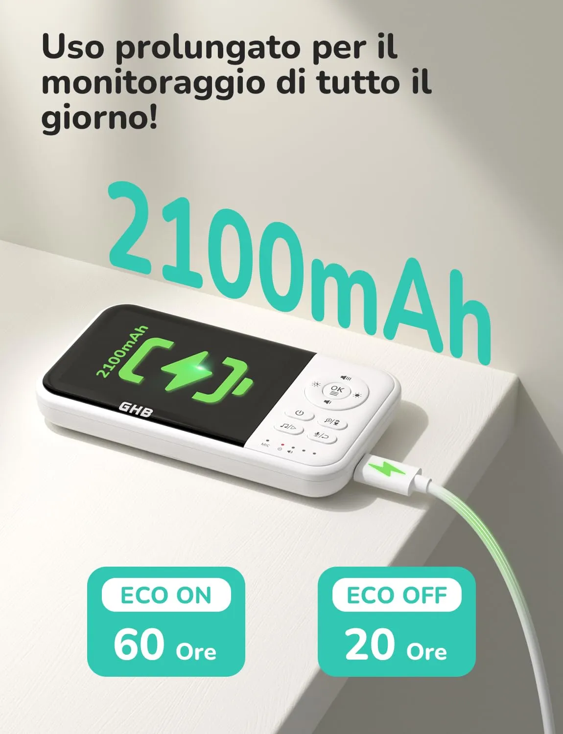 GHB Baby Monitor Video e Audio 3.2'', 2100mAh con Telecamera, Bianco, MC632B - immagine 4