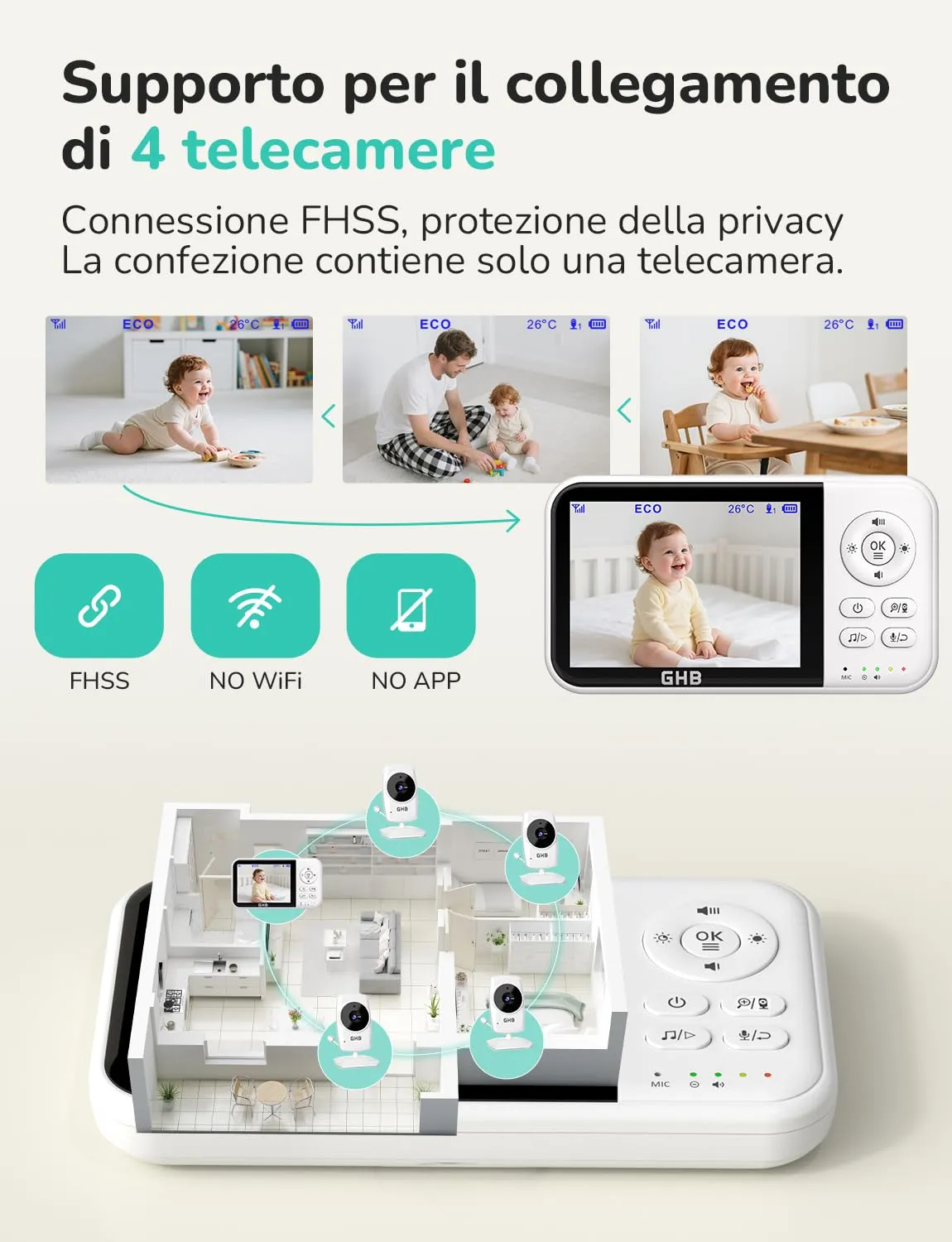 GHB Baby Monitor Video e Audio 3.2'', 2100mAh con Telecamera, Bianco, MC632B - immagine 5