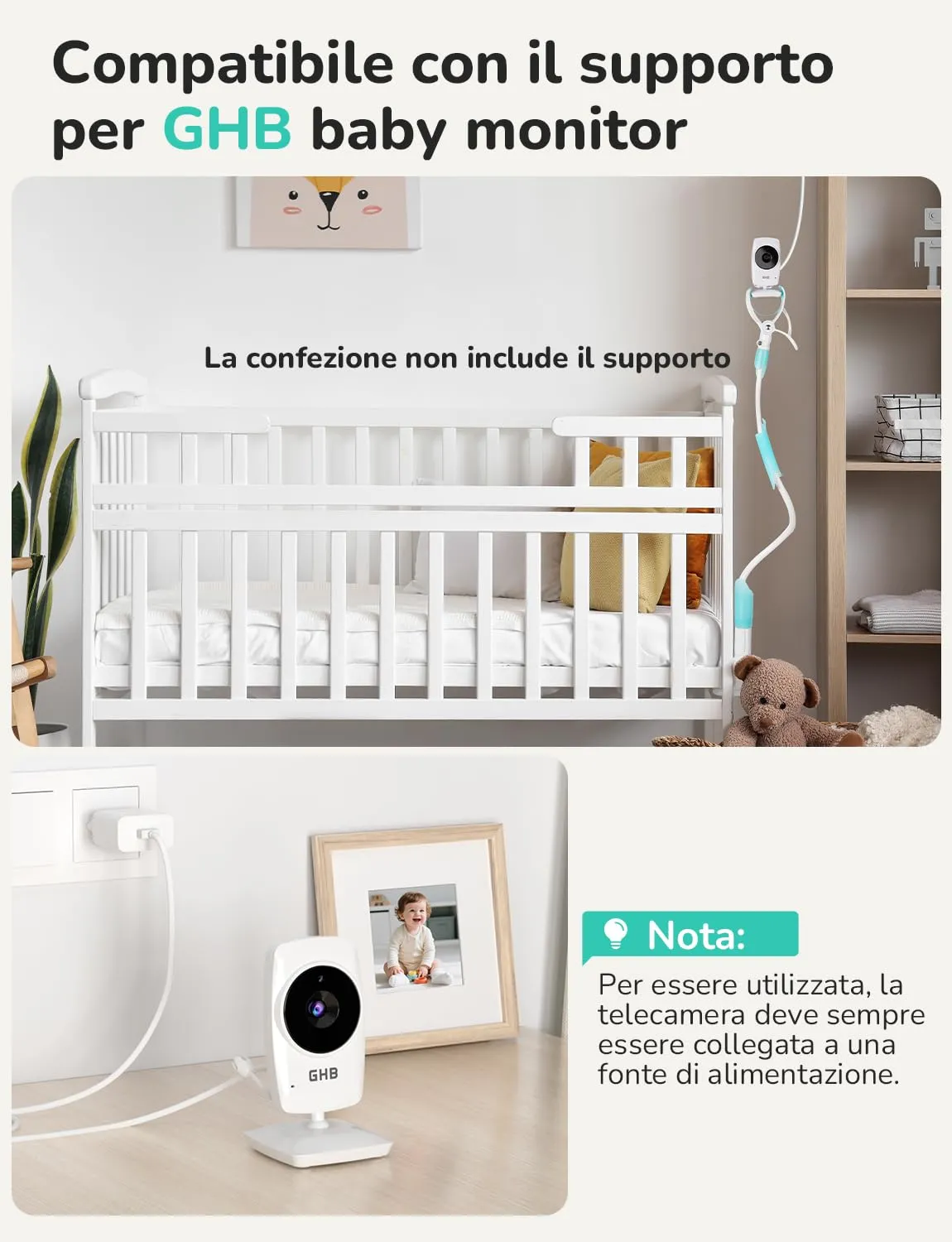 GHB Baby Monitor Video e Audio 3.2'', 2100mAh con Telecamera, Bianco, MC632B - immagine 6