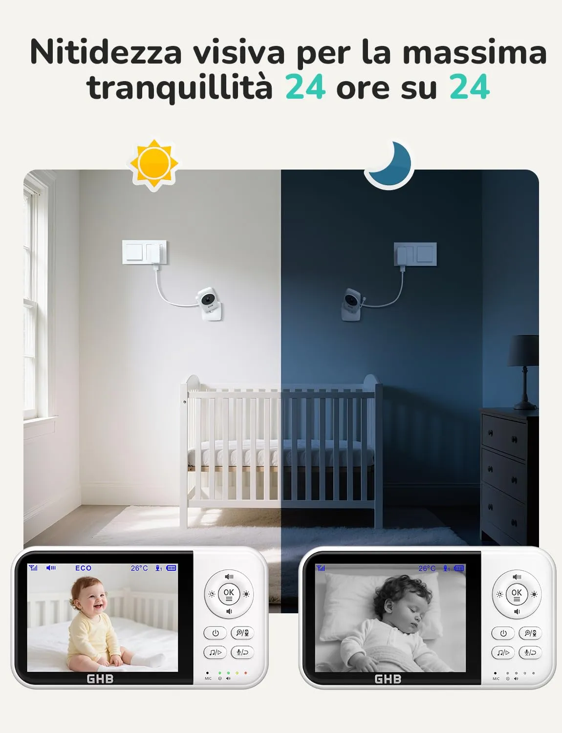 GHB Baby Monitor Video e Audio 3.2'', 2100mAh con Telecamera, Bianco, MC632B - immagine 7