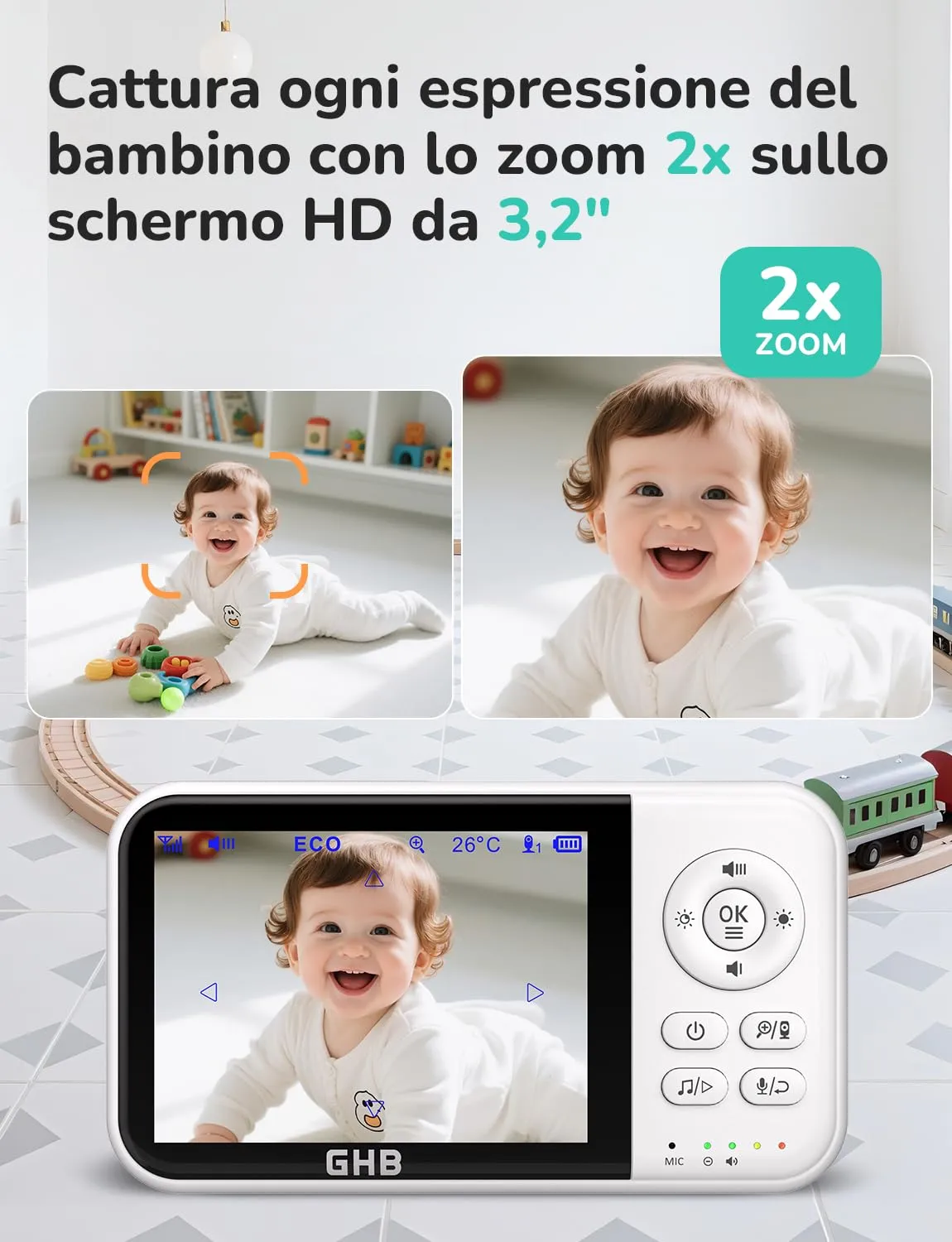 GHB Baby Monitor Video e Audio 3.2'', 2100mAh con Telecamera, Bianco, MC632B - immagine 8