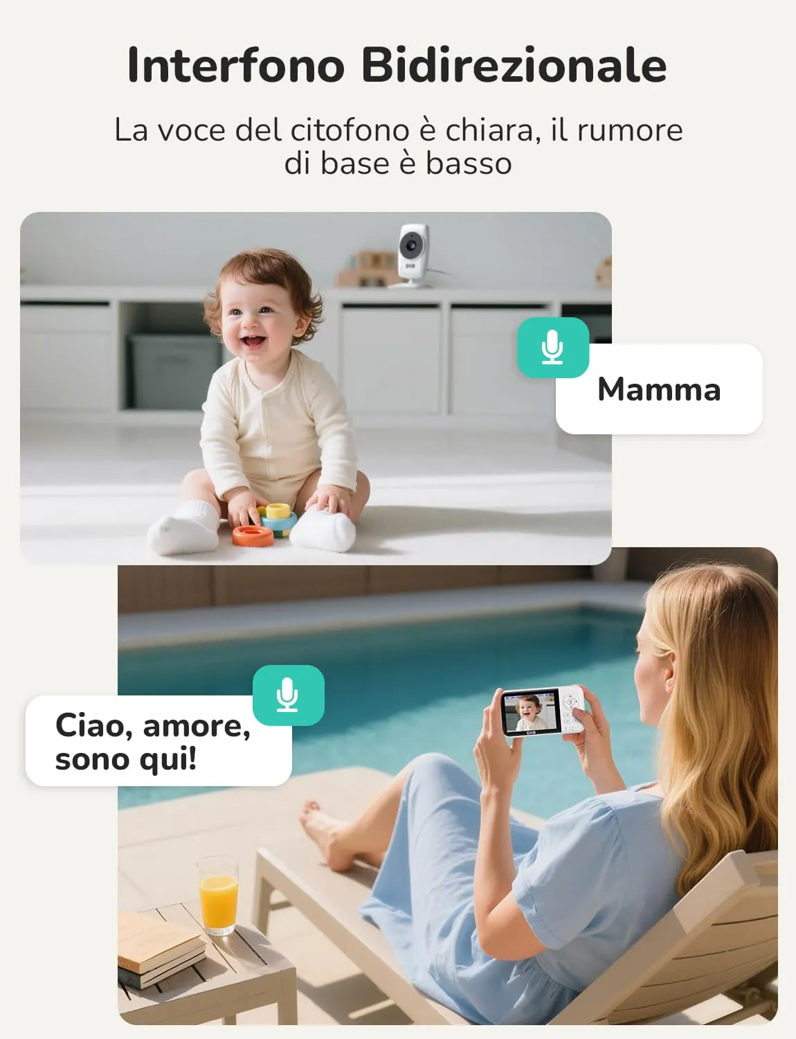 GHB Baby Monitor Video e Audio 3.2'', 2100mAh con Telecamera, Bianco, MC632B - immagine 9