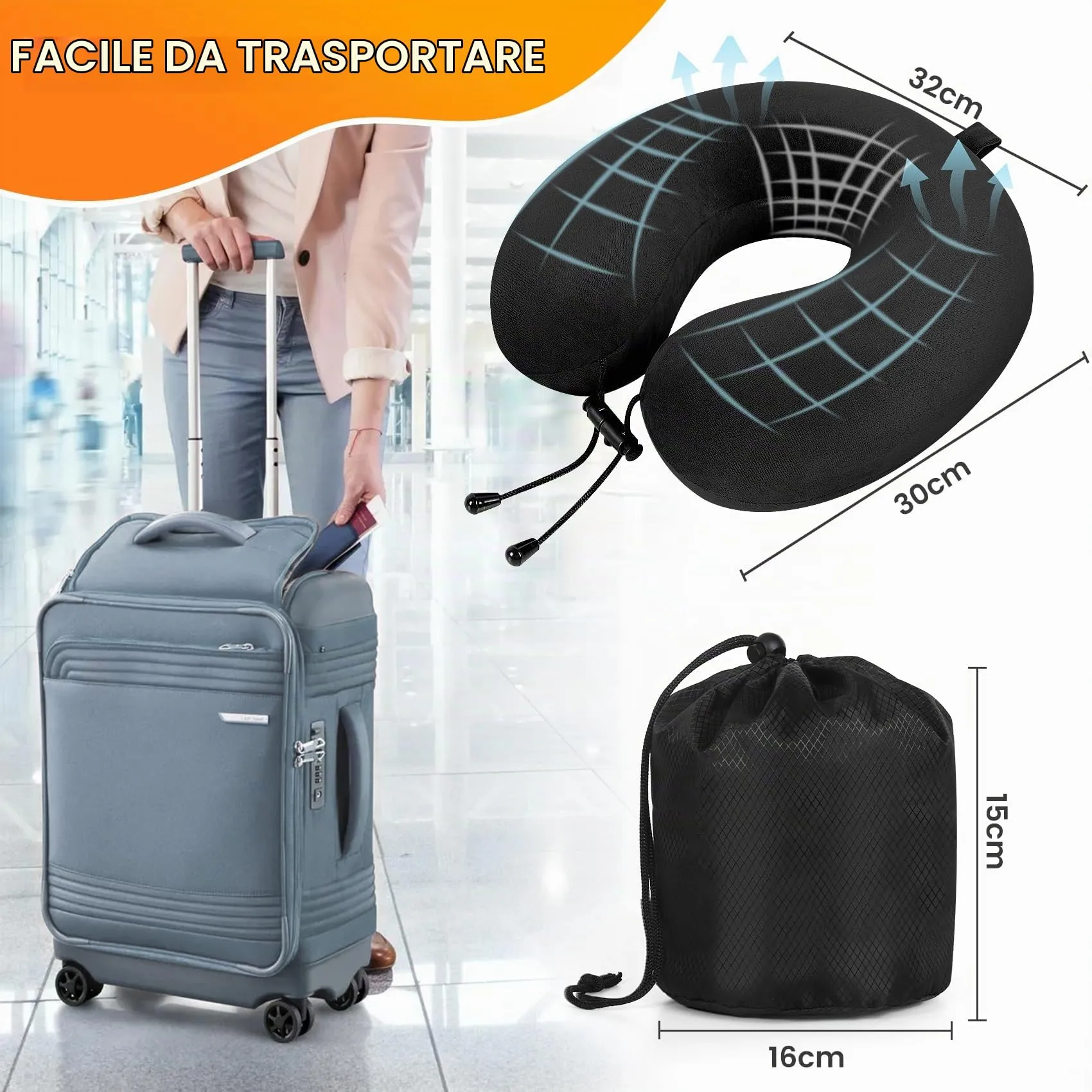iophi Cuscino da viaggio in memory foam con Maschera per gli Occhi, Tappi per le Orecchie e Borsa da Viaggio (Nero) - immagine 2