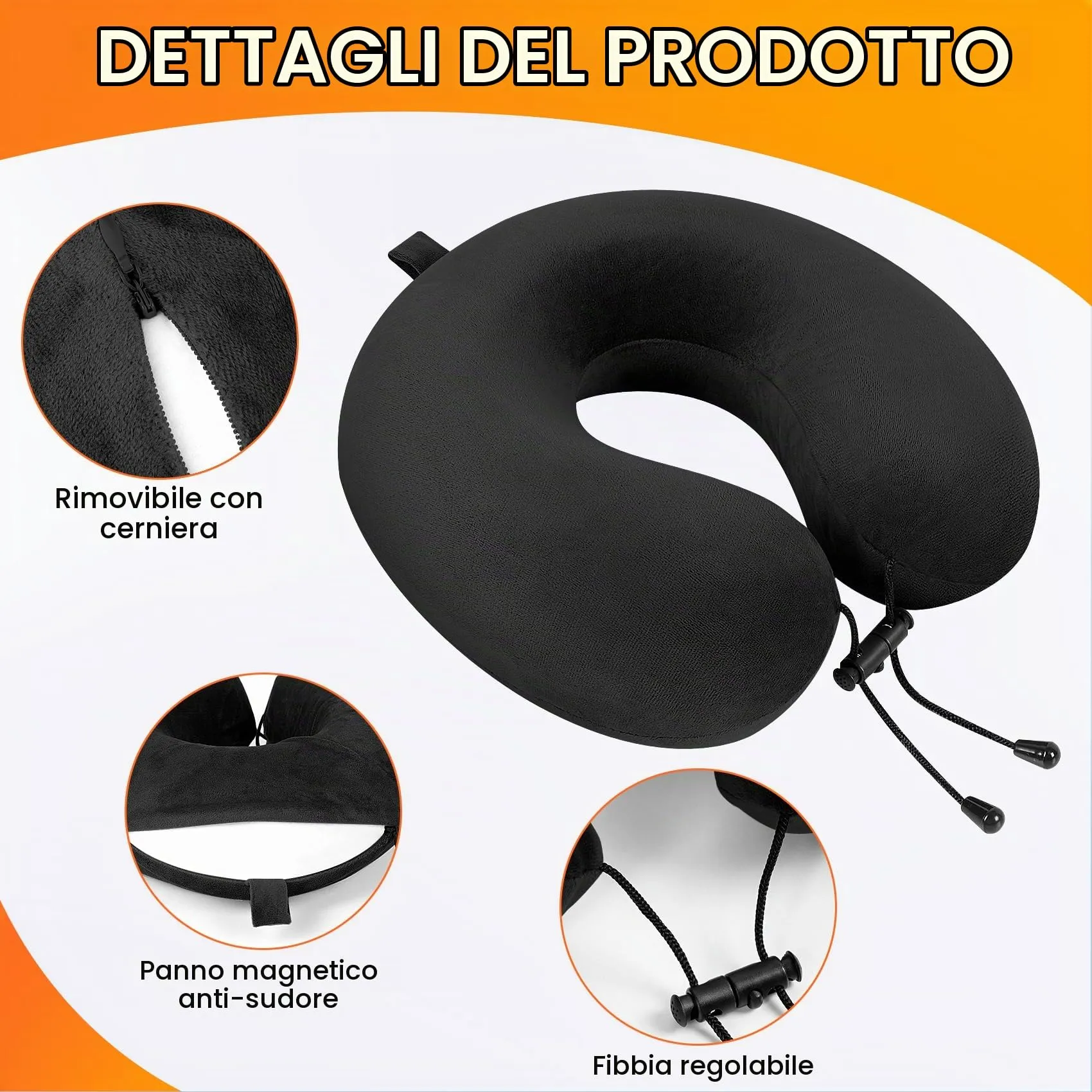 iophi Cuscino da viaggio in memory foam con Maschera per gli Occhi, Tappi per le Orecchie e Borsa da Viaggio (Nero) - immagine 3