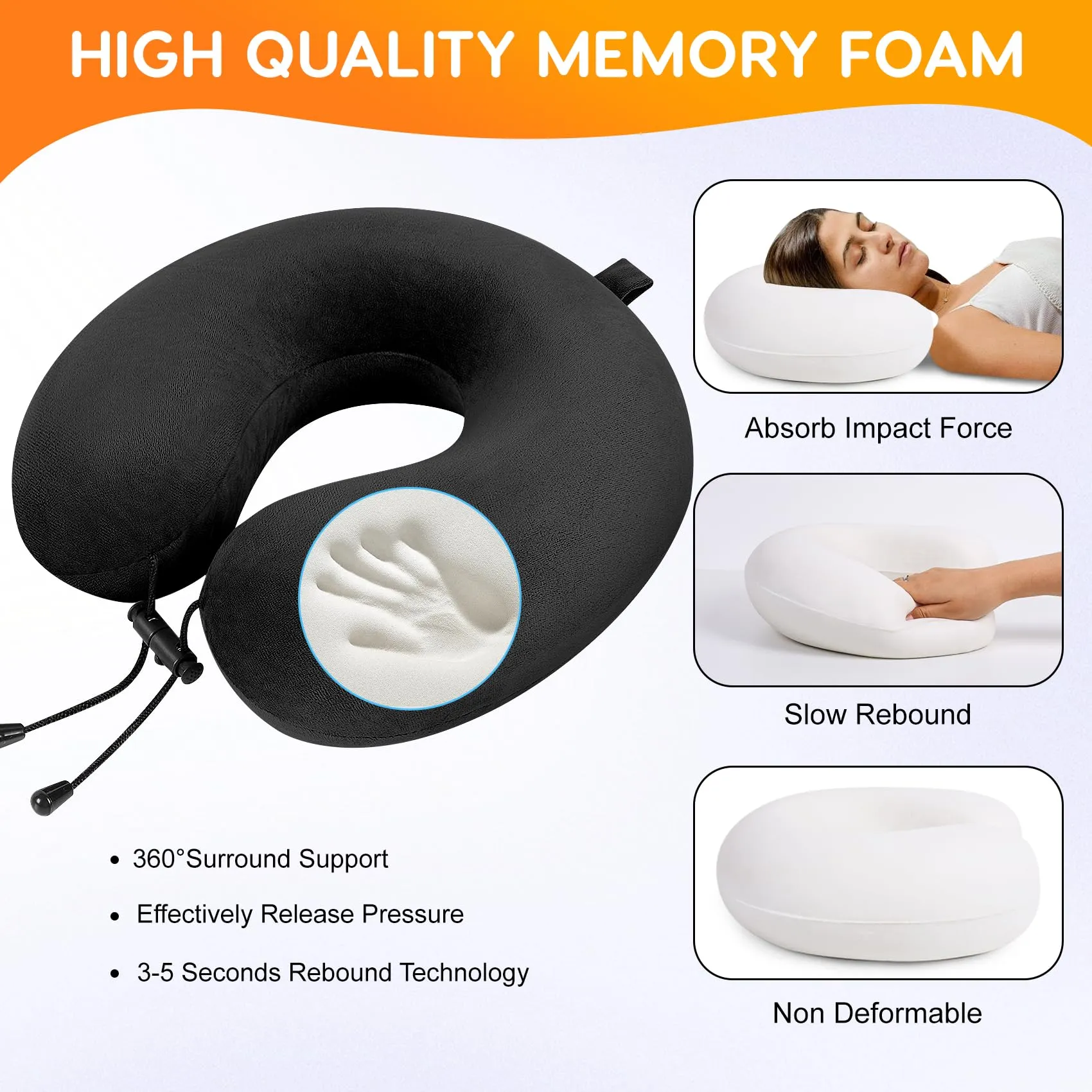 iophi Cuscino da viaggio in memory foam con Maschera per gli Occhi, Tappi per le Orecchie e Borsa da Viaggio (Nero) - immagine 4