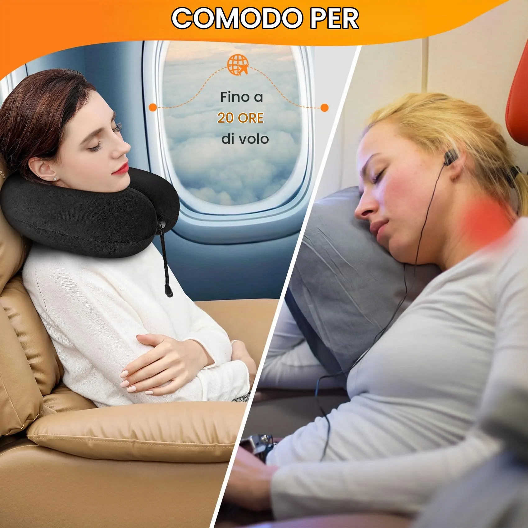 iophi Cuscino da viaggio in memory foam con Maschera per gli Occhi, Tappi per le Orecchie e Borsa da Viaggio (Nero) - immagine 5