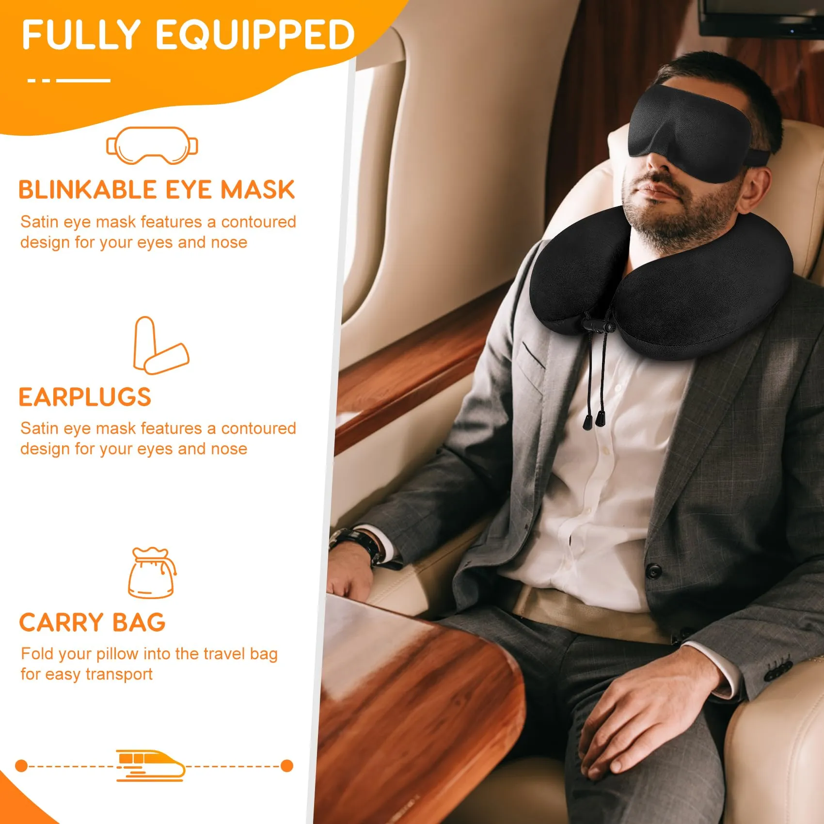 iophi Cuscino da viaggio in memory foam con Maschera per gli Occhi, Tappi per le Orecchie e Borsa da Viaggio (Nero) - immagine 6