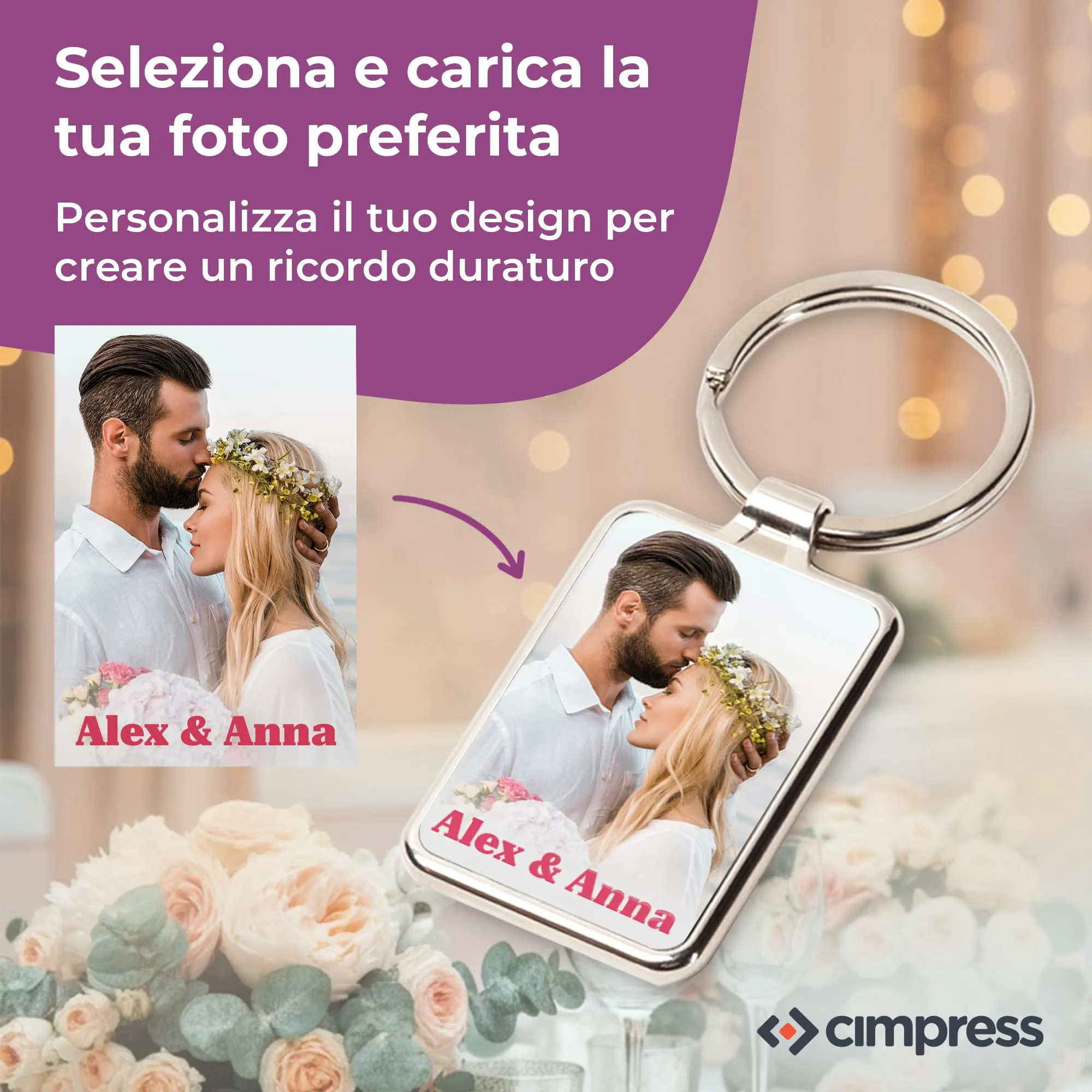 Cimpress Portachiavi Personalizzato con Foto e Testo, 7,5 x 3 cm, Bianco - immagine 2