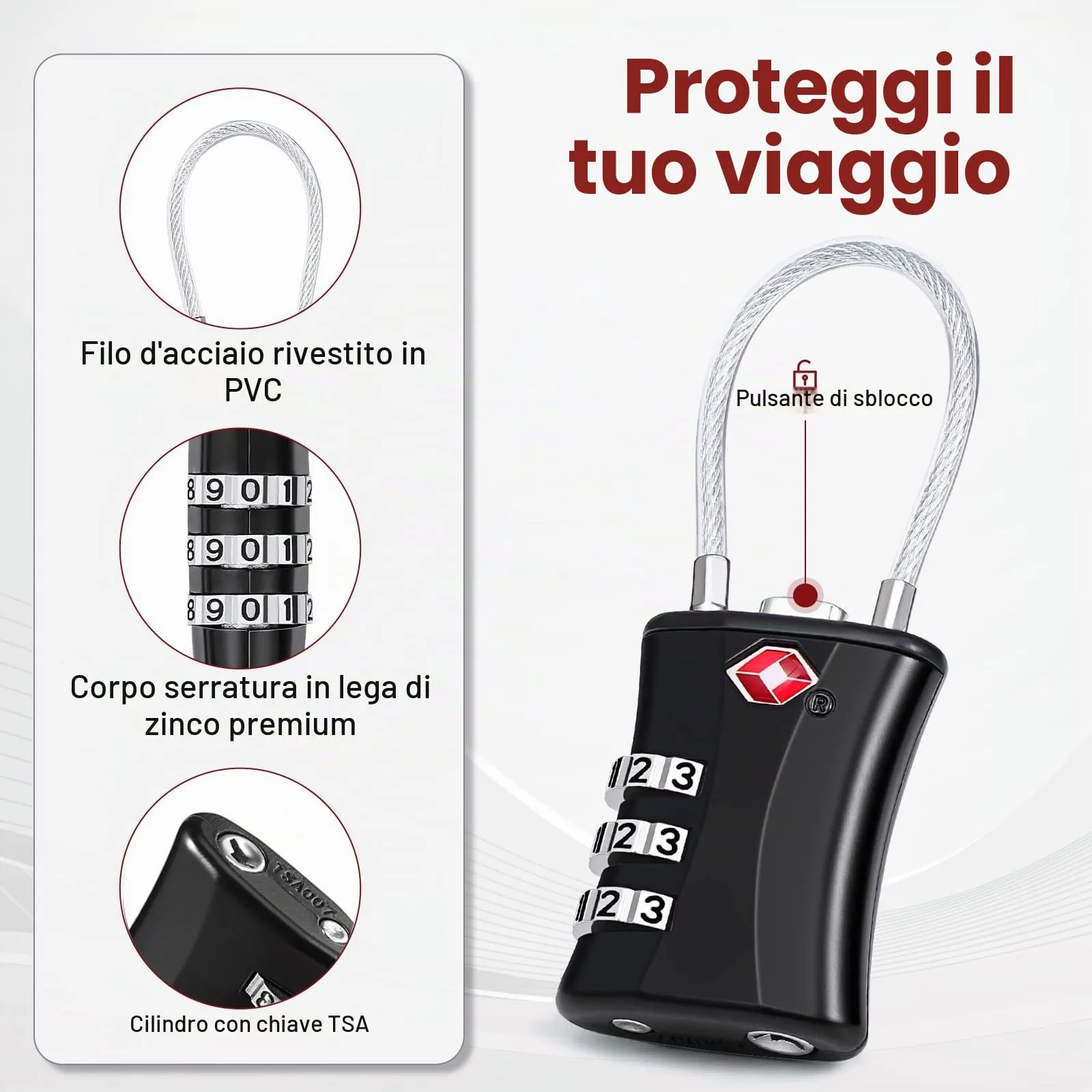 Oderra Lucchetto TSA, 2 Pezzi, Nero - immagine 4