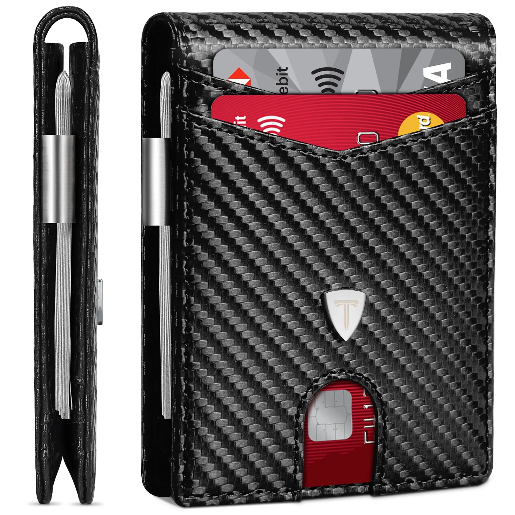 TEEHON Portafoglio Uomo Bi-Fold Minimalista in Fibra di Carbonio RFID, Nero - immagine 1