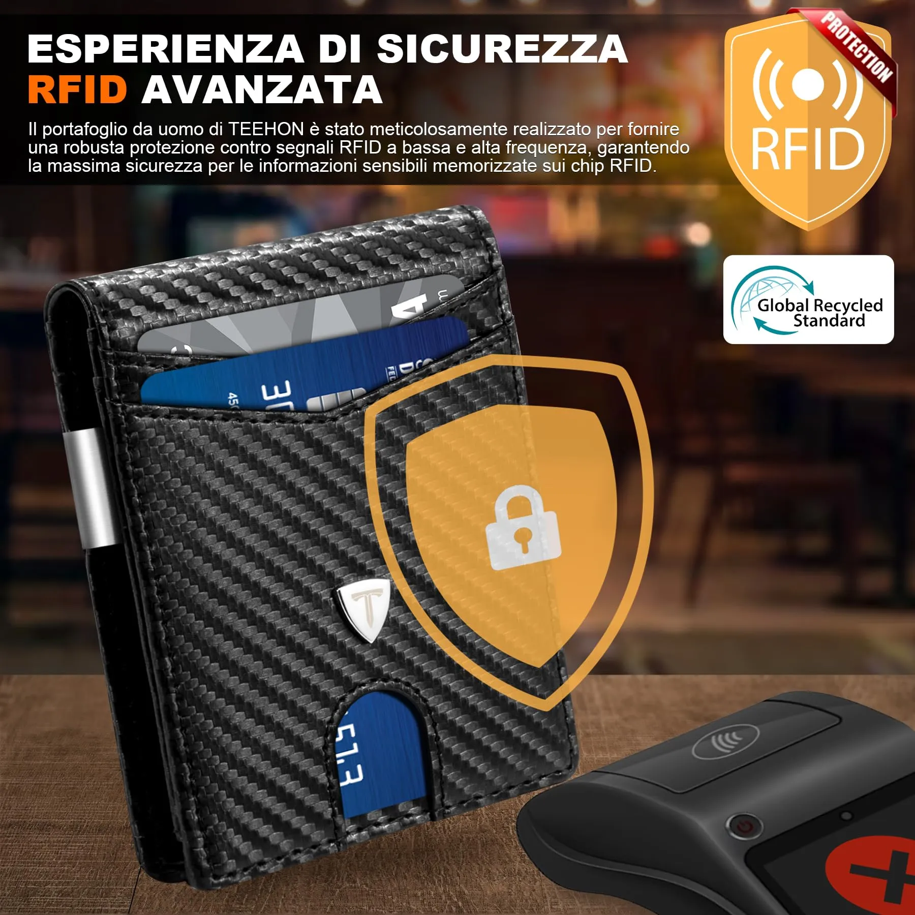 TEEHON Portafoglio Uomo Bi-Fold Minimalista in Fibra di Carbonio RFID, Nero - immagine 3