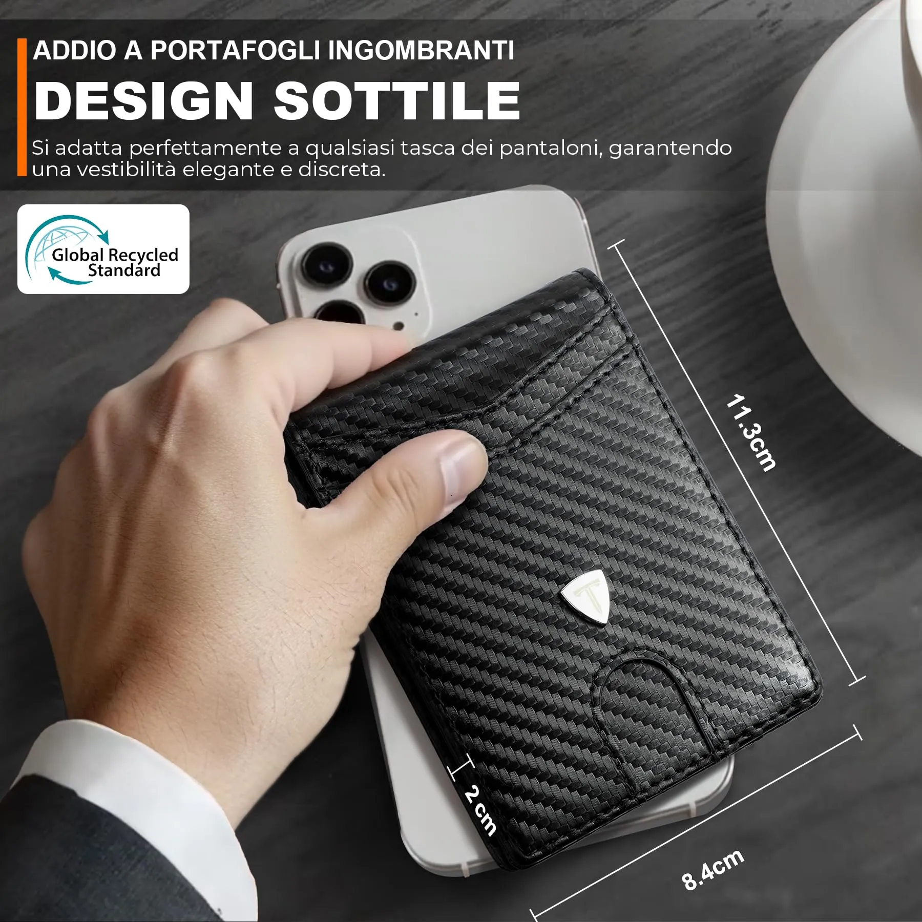 TEEHON Portafoglio Uomo Bi-Fold Minimalista in Fibra di Carbonio RFID, Nero - immagine 4