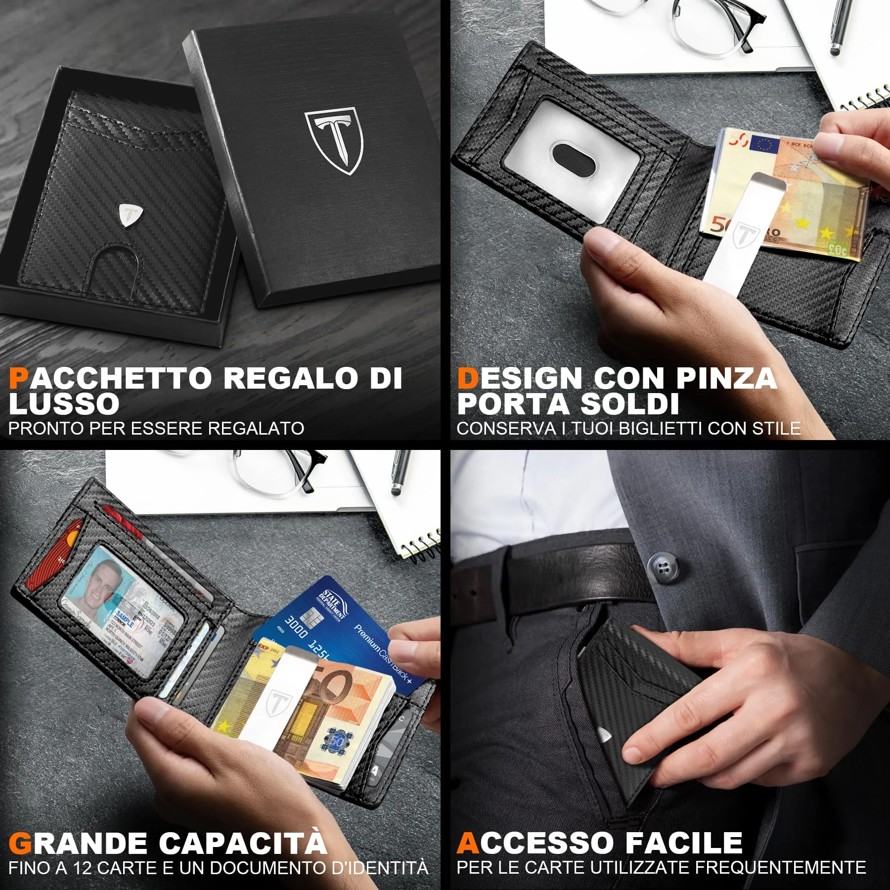 TEEHON Portafoglio Uomo Bi-Fold Minimalista in Fibra di Carbonio RFID, Nero - immagine 5