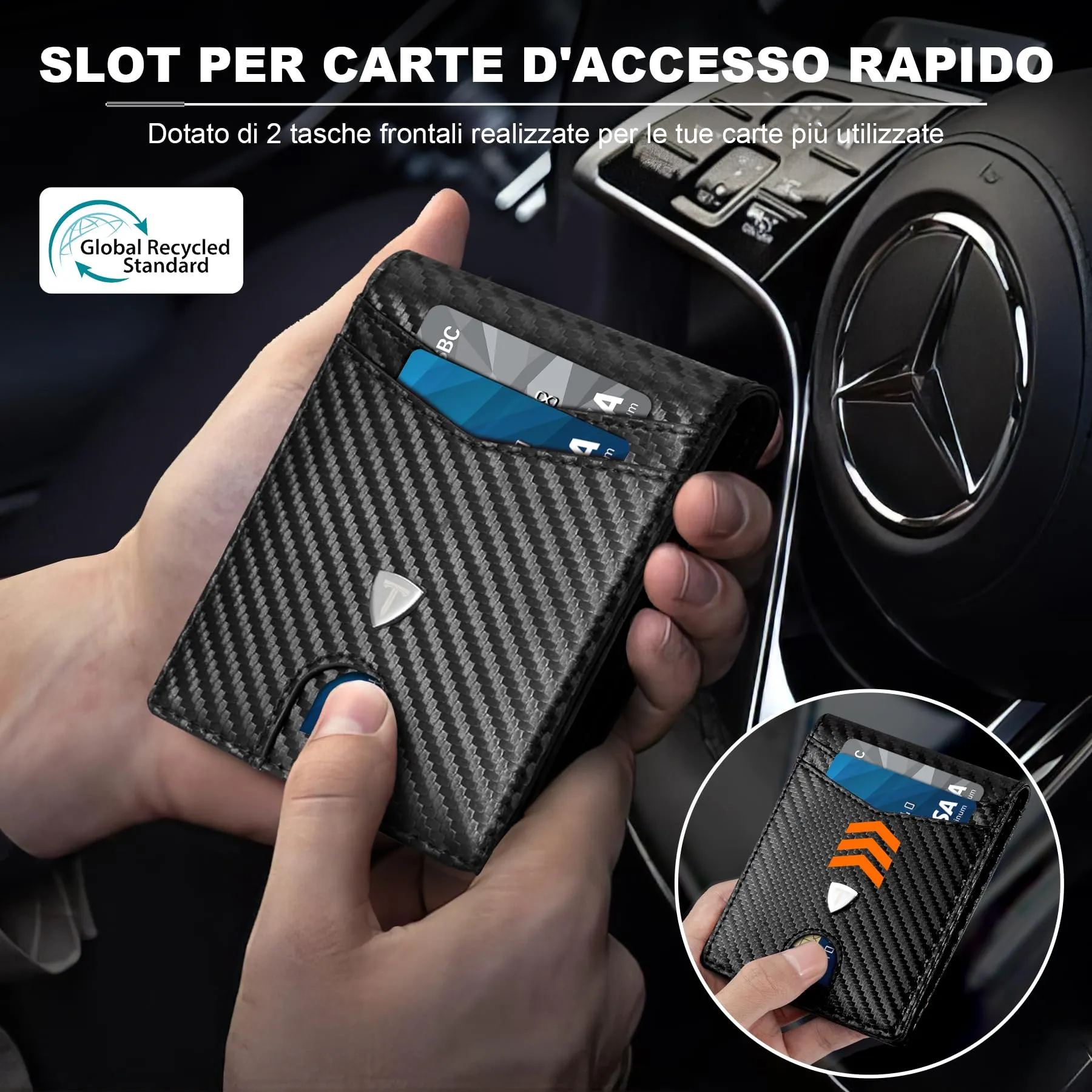 TEEHON Portafoglio Uomo Bi-Fold Minimalista in Fibra di Carbonio RFID, Nero - immagine 6
