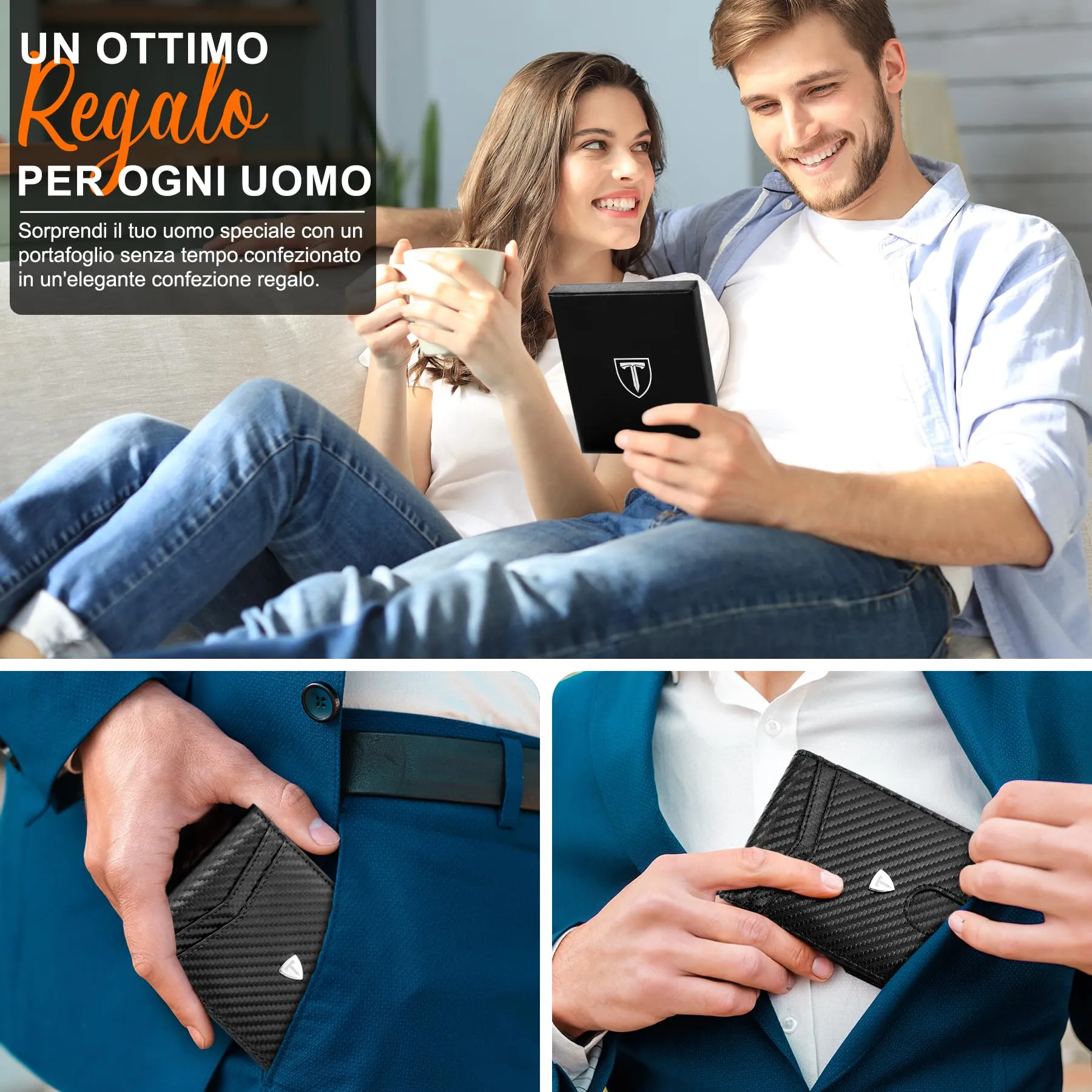 TEEHON Portafoglio Uomo Bi-Fold Minimalista in Fibra di Carbonio RFID, Nero - immagine 7