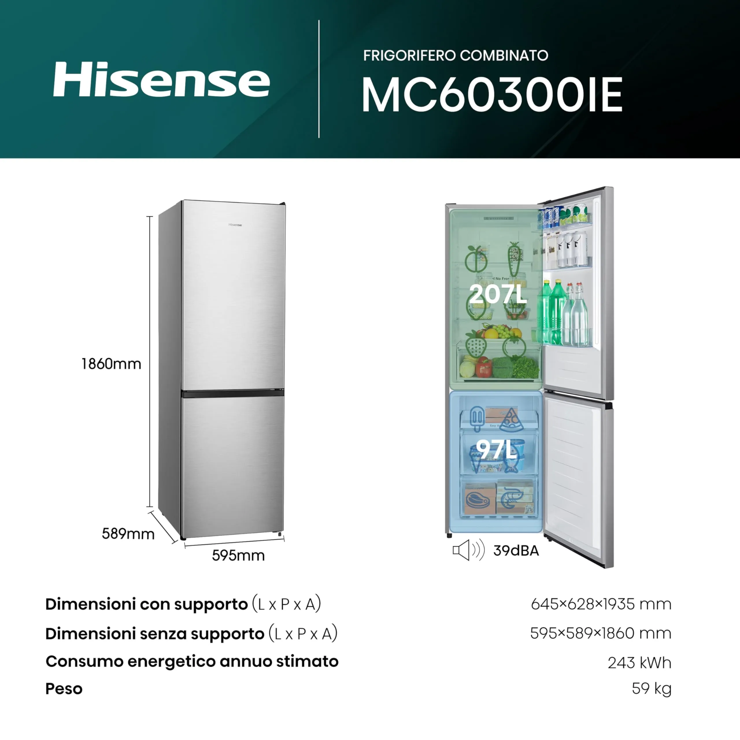 Hisense MC60300IE Frigorifero Combinato Total No Frost, 304 Litri, Classe E, Inox - immagine 2