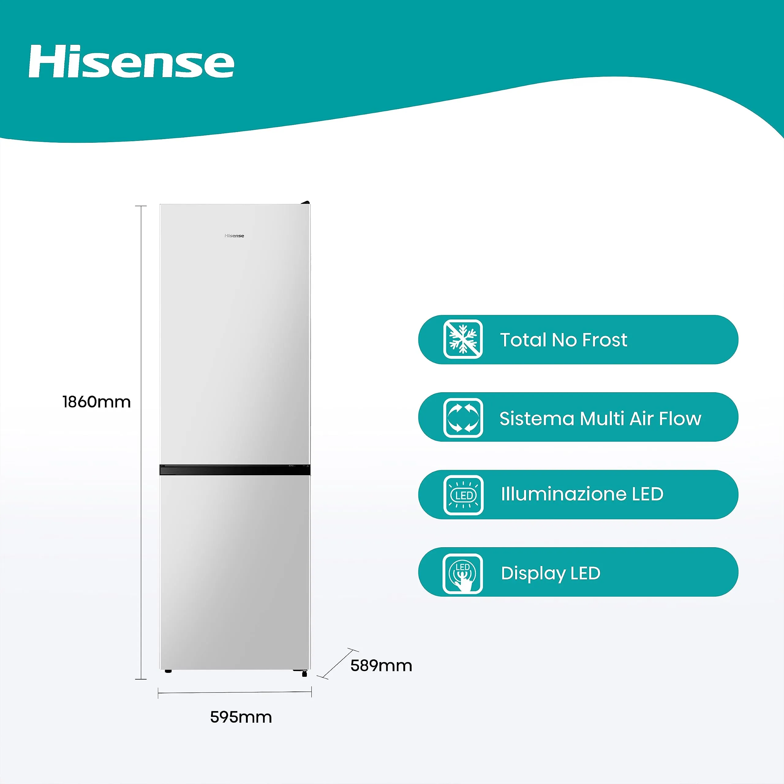 Hisense RB390N4AWE Frigorifero Combinato Total No Frost, 186 cm, 304 Litri, Bianco - immagine 2