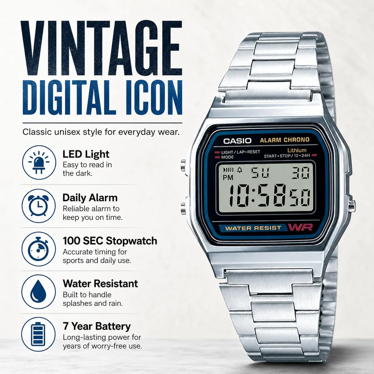 Casio A158WEA-1EF Orologio da Uomo Digitale in Acciaio Inox Argentato - immagine 5