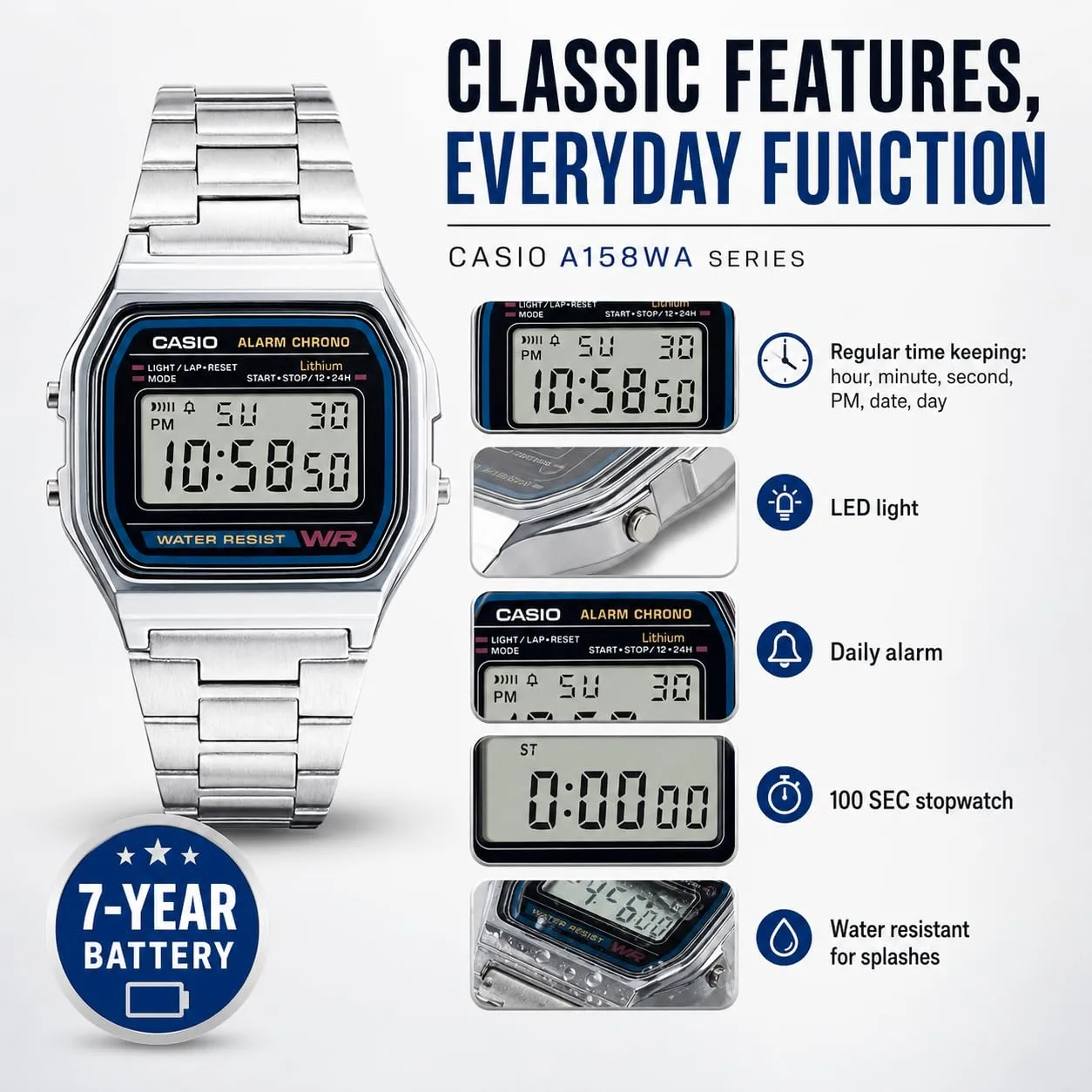 Casio A158WEA-1EF Orologio da Uomo Digitale in Acciaio Inox Argentato - immagine 7