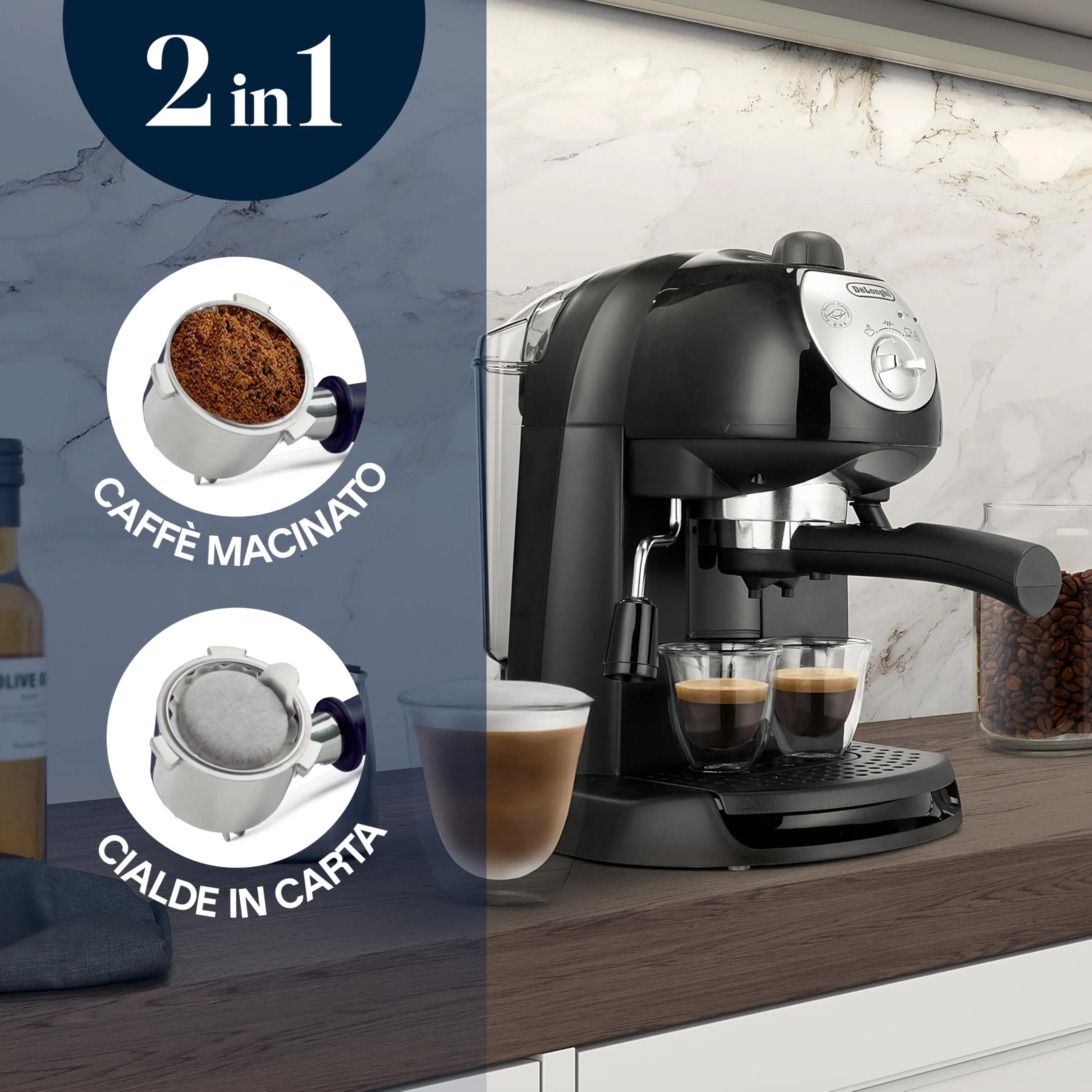 De'Longhi EC201.CD.B Macchina da Caffè Espresso e Cappuccino, Polvere o Cialde E.S.E., Serbatoio 1.1 L - immagine 2