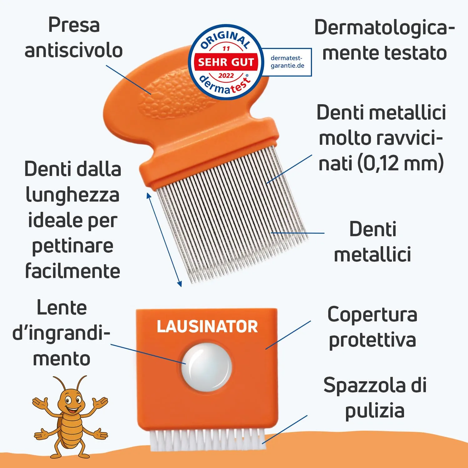 Lausinator Pettine Antipidocchi e Lendini 3-in-1 Professionale in Acciaio Inox, Arancione - immagine 2