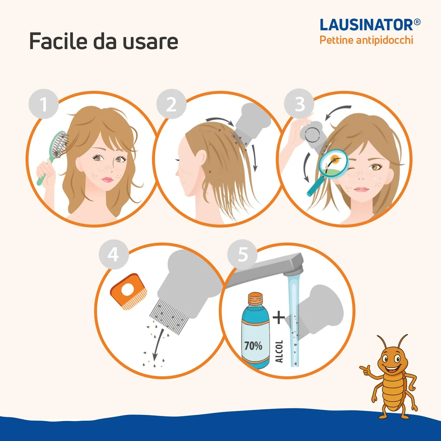 Lausinator Pettine Antipidocchi e Lendini 3-in-1 Professionale in Acciaio Inox, Arancione - immagine 5