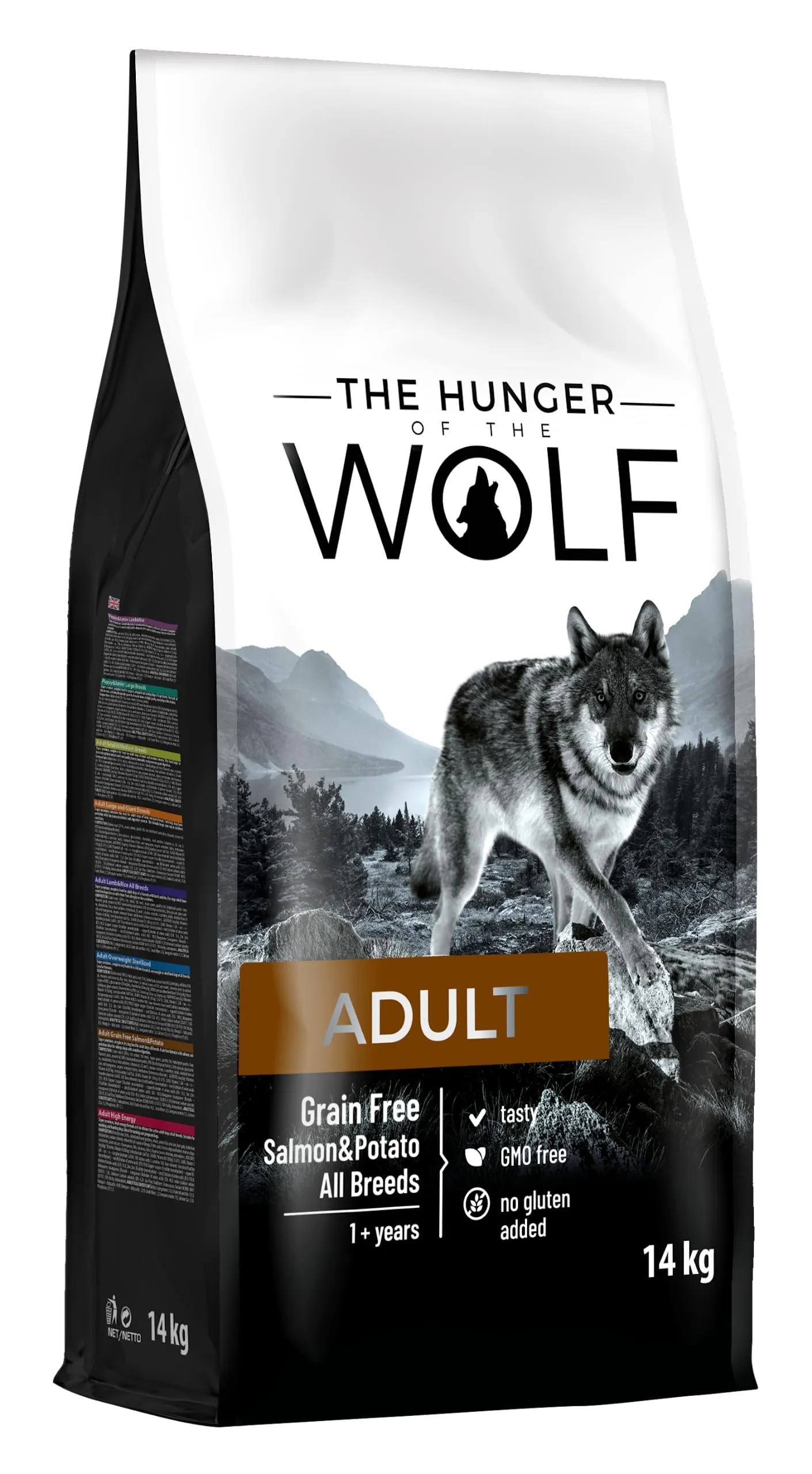 The Hunger of the Wolf Cibo secco per cani adulti, linea delicata senza cereali al salmone e patate, 14 kg - immagine 1