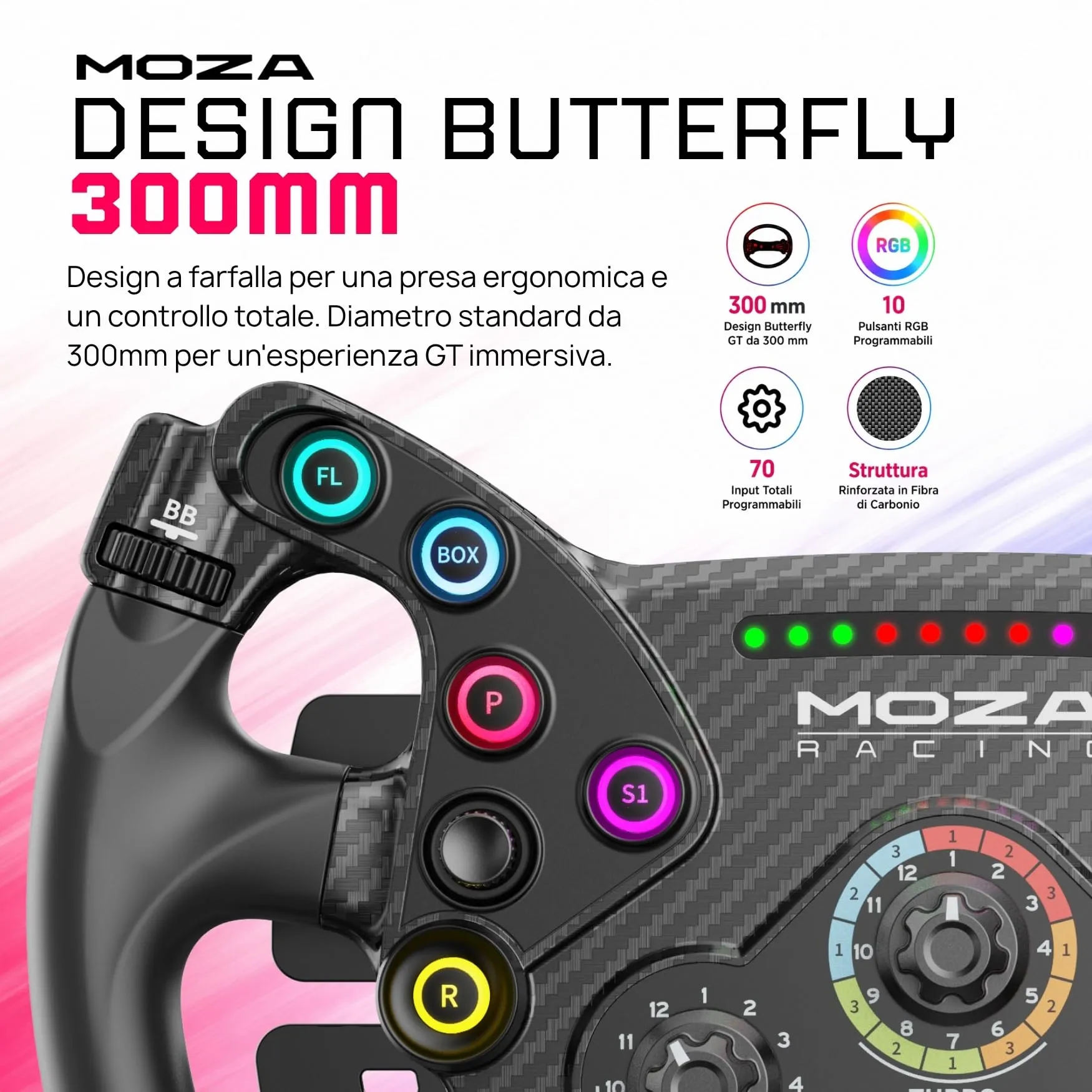 MOZA KS Volante Formula GT 300 mm per Simulatore di Guida PC, Fibra di Carbonio, Pulsanti RGB Programmabili, Palette Magnetiche Hall con Doppia Frizione, Rosa - immagine 2