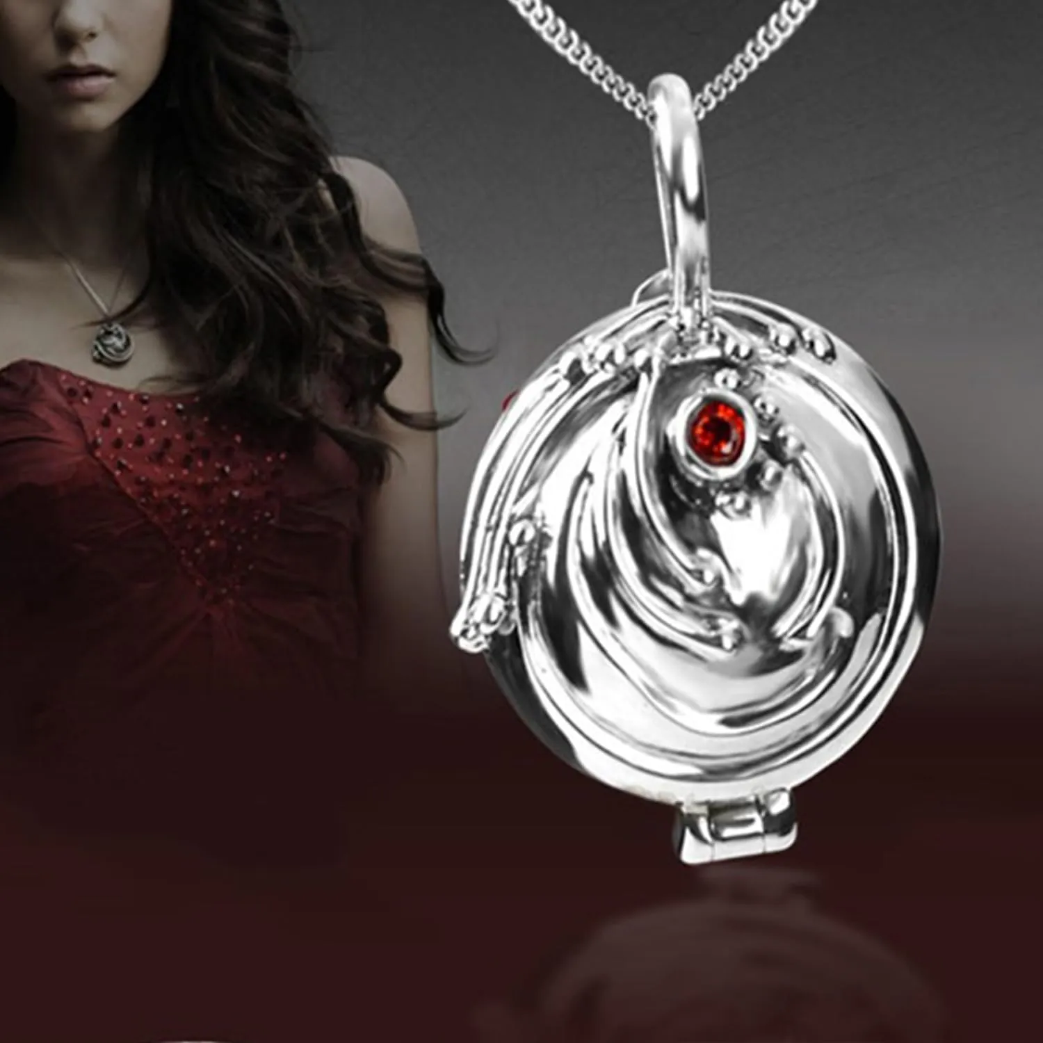 YouU Katherine Pierce and Elena Gilbert Vampire Diaries Jewelry Set, Necklace, Earrings, Family Crest and Esther Secret Ring with Storage Box, Metal and Diamond - immagine 4