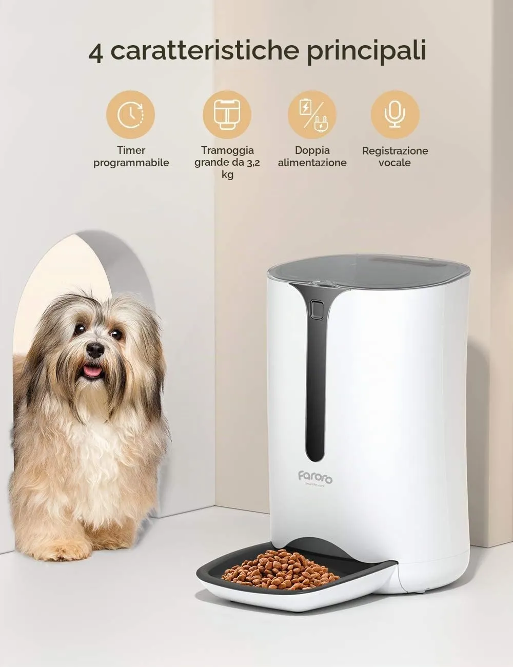 Faroro Distributore Automatico Cibo per Gatti e Cani 7L, Dispenser con Timer e Registrazione Vocale, Grigio - immagine 2