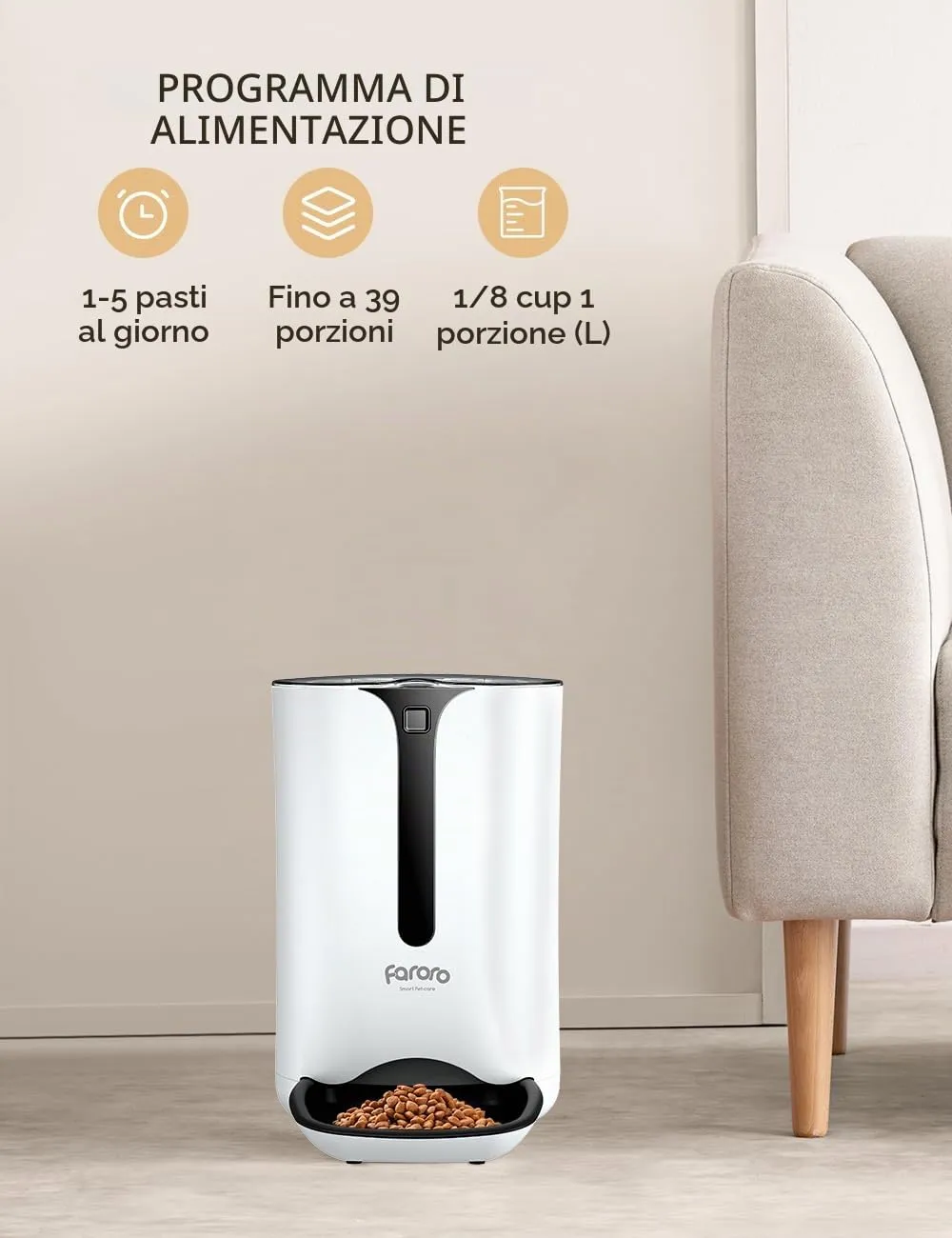 Faroro Distributore Automatico Cibo per Gatti e Cani 7L, Dispenser con Timer e Registrazione Vocale, Grigio - immagine 3