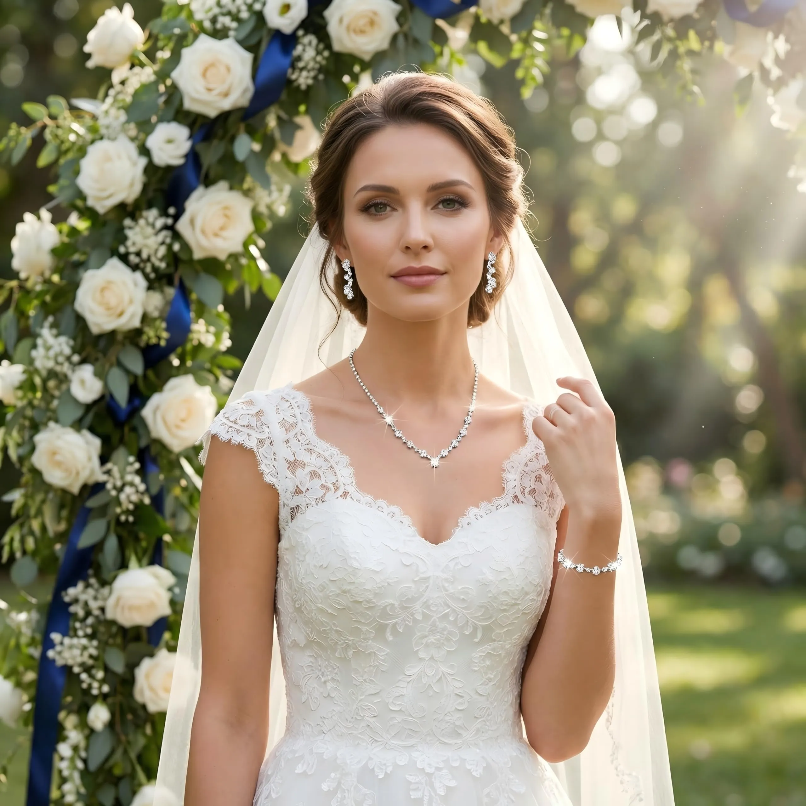 BIVYAX Set di Gioielli da Sposa in Argento con Strass (Collana, Bracciale, Orecchini) - immagine 3