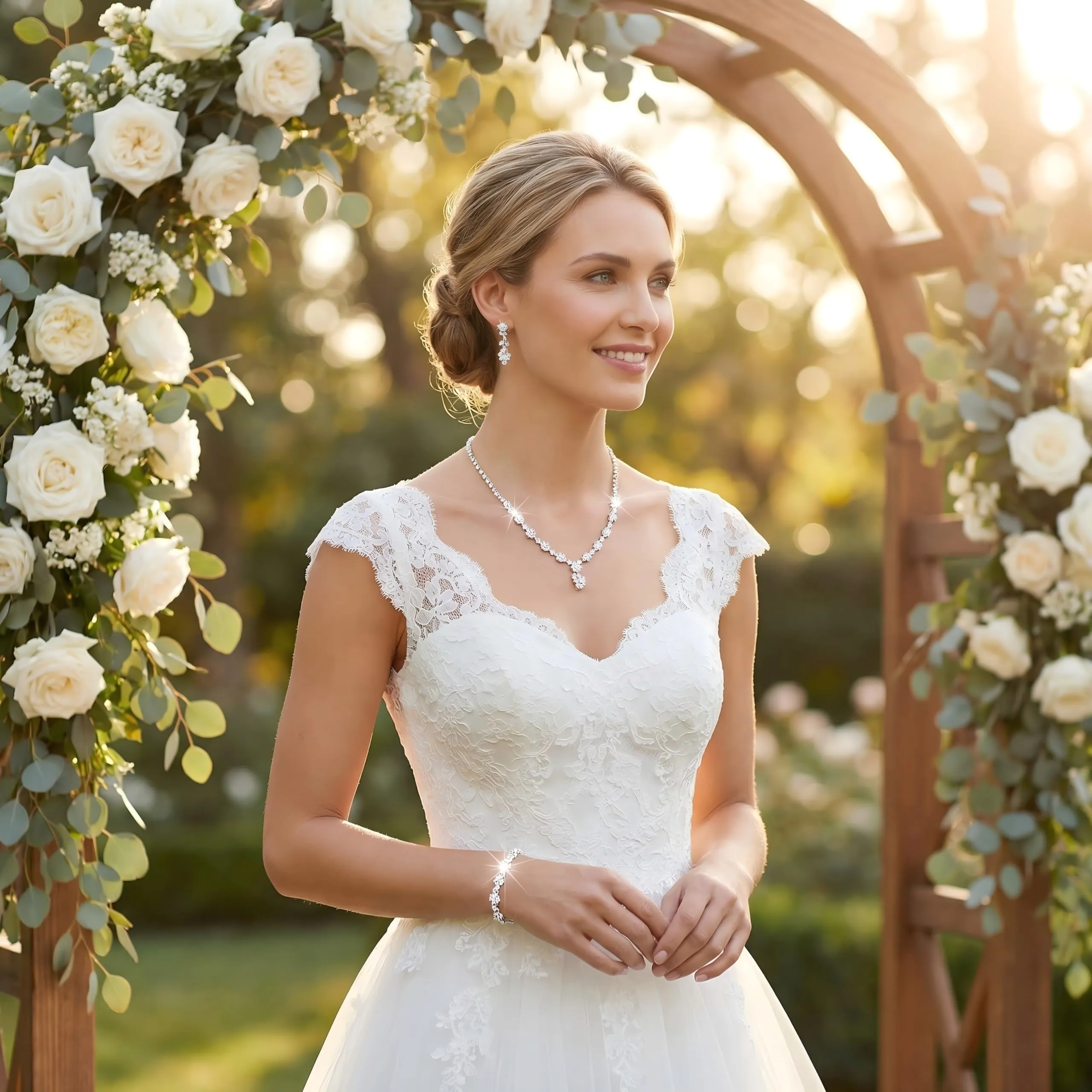 BIVYAX Set di Gioielli da Sposa in Argento con Strass (Collana, Bracciale, Orecchini) - immagine 7
