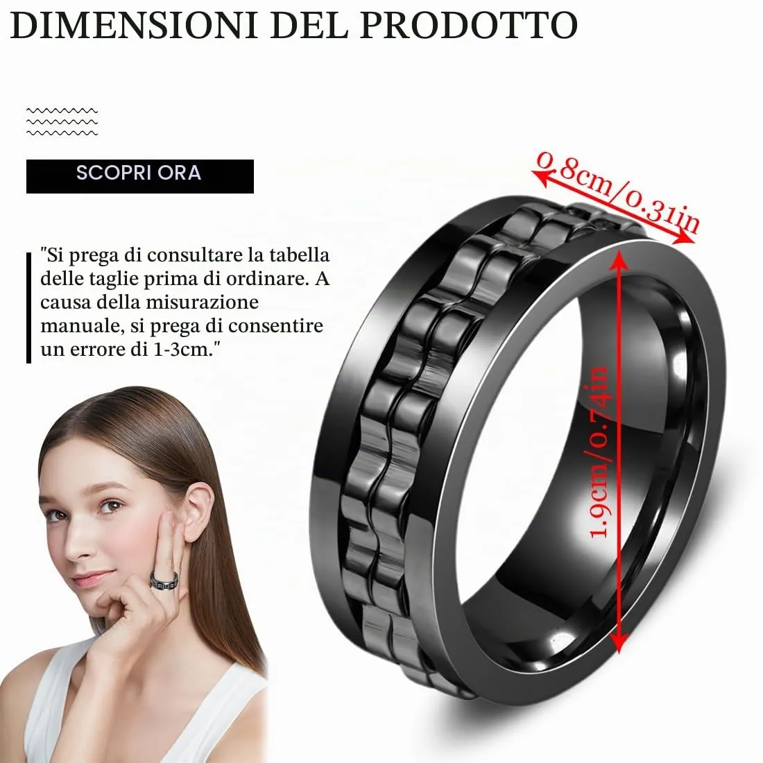 WEGLOK Anello Fidget Antistress in Acciaio Inox, Design a Catena, 8 mm, Nero - immagine 2