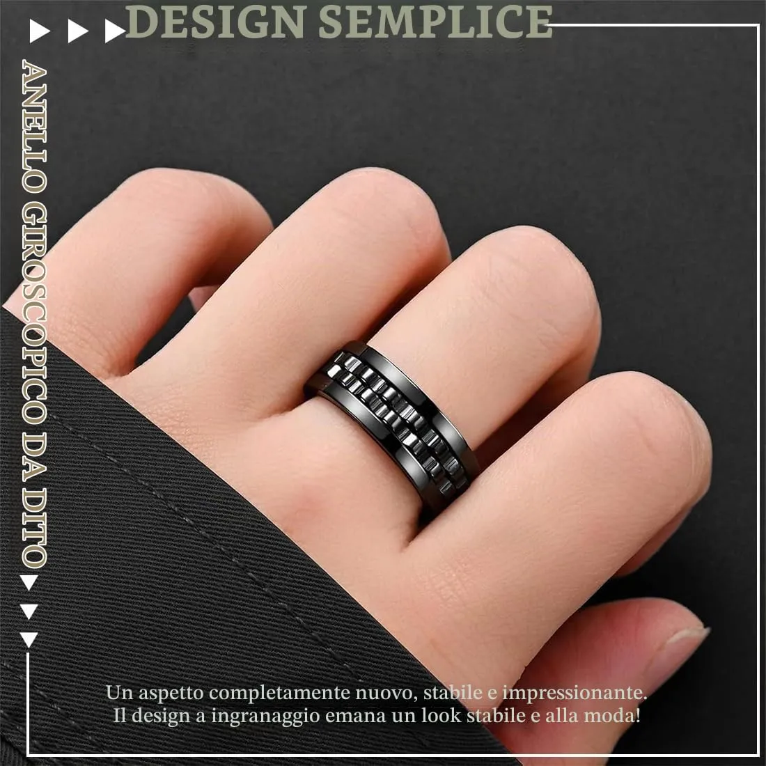 WEGLOK Anello Fidget Antistress in Acciaio Inox, Design a Catena, 8 mm, Nero - immagine 4