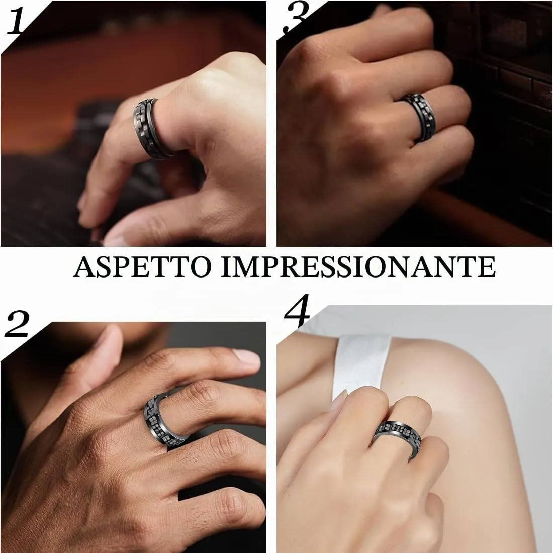 WEGLOK Anello Fidget Antistress in Acciaio Inox, Design a Catena, 8 mm, Nero - immagine 6