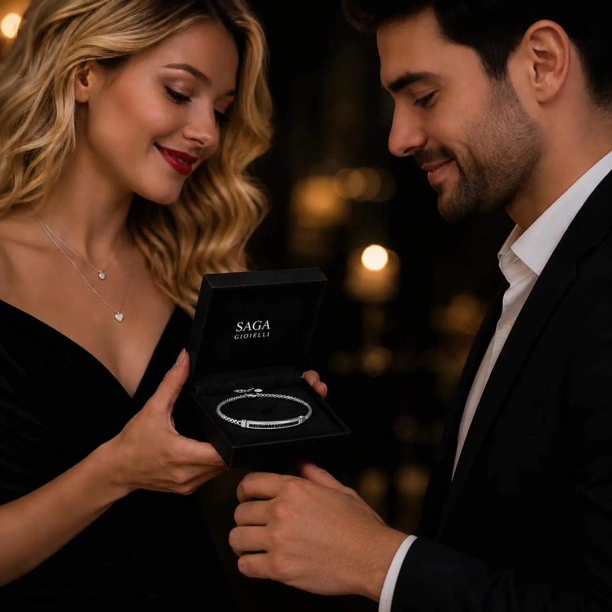 SAGA GIOIELLI Bracciale Uomo in Acciaio con Maglia Tonda, Barretta Centrale e Cristalli Neri, Argento, 4 mm - immagine 3