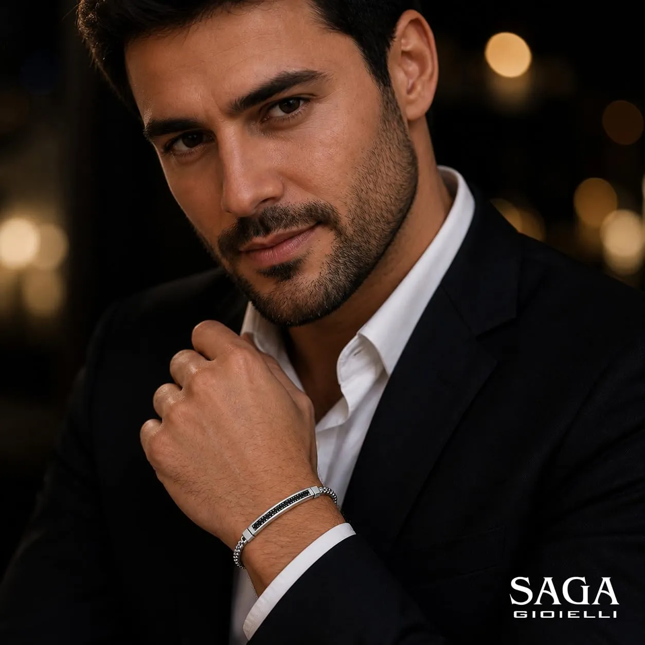 SAGA GIOIELLI Bracciale Uomo in Acciaio con Maglia Tonda, Barretta Centrale e Cristalli Neri, Argento, 4 mm - immagine 4