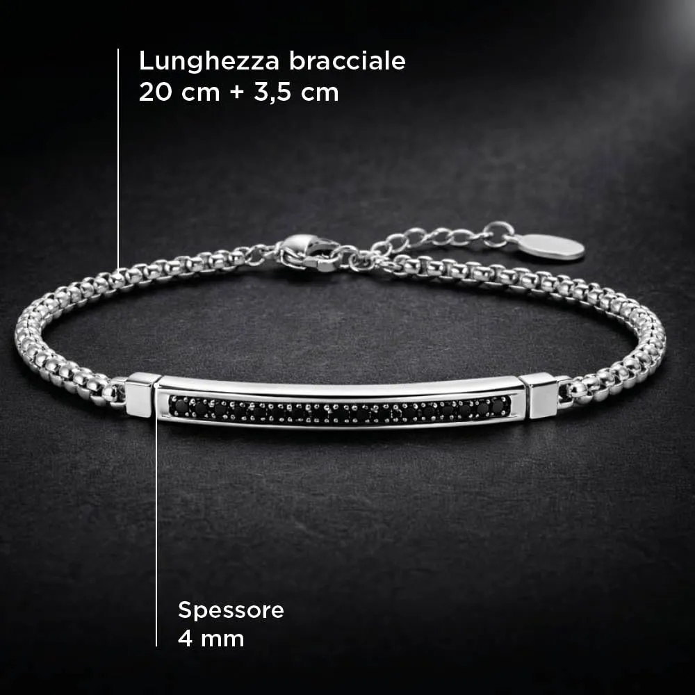 SAGA GIOIELLI Bracciale Uomo in Acciaio con Maglia Tonda, Barretta Centrale e Cristalli Neri, Argento, 4 mm - immagine 5