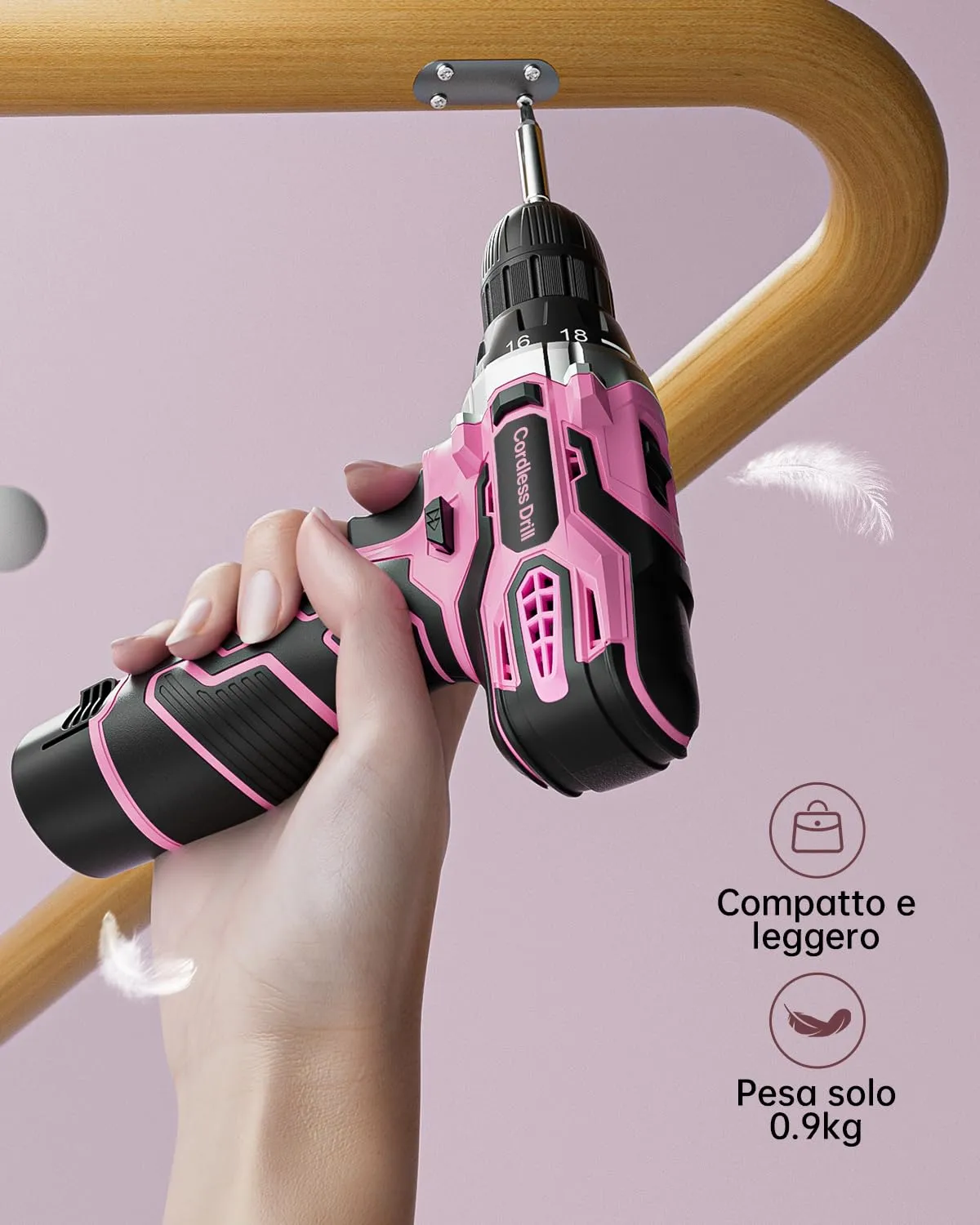 FAHEFANA Trapano Avvitatore a Batteria 12V, Rosa, 25Nm, 2.0Ah, 18+1 Impostazioni Coppia, Mandrino 10mm, 15 Accessori - immagine 2