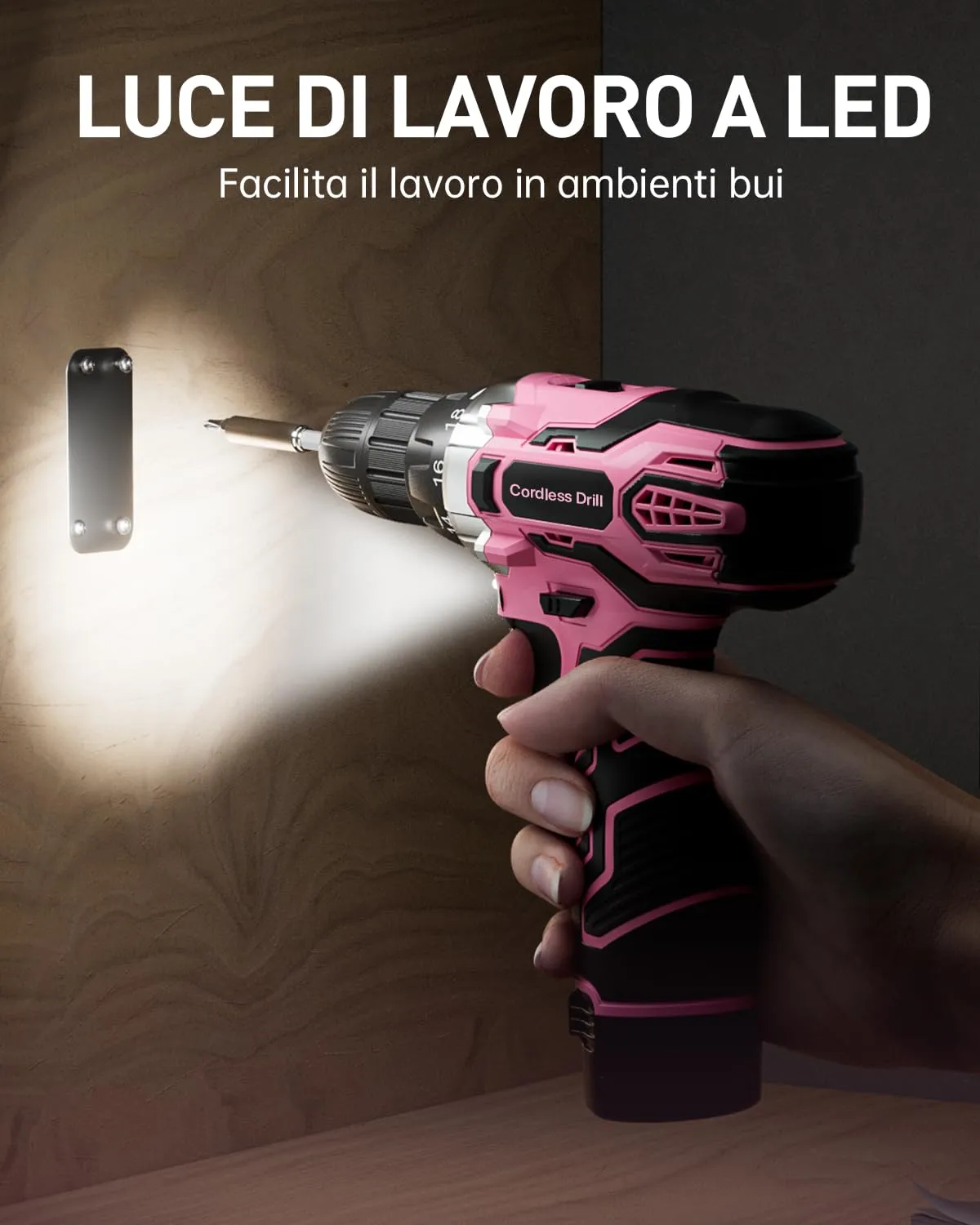 FAHEFANA Trapano Avvitatore a Batteria 12V, Rosa, 25Nm, 2.0Ah, 18+1 Impostazioni Coppia, Mandrino 10mm, 15 Accessori - immagine 3